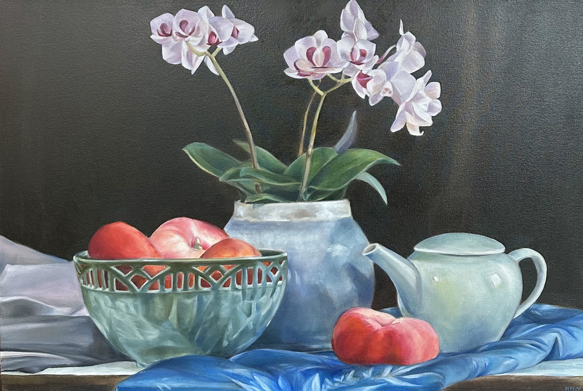 Orchids, Peaches, and Teapot by Stephanie Neely