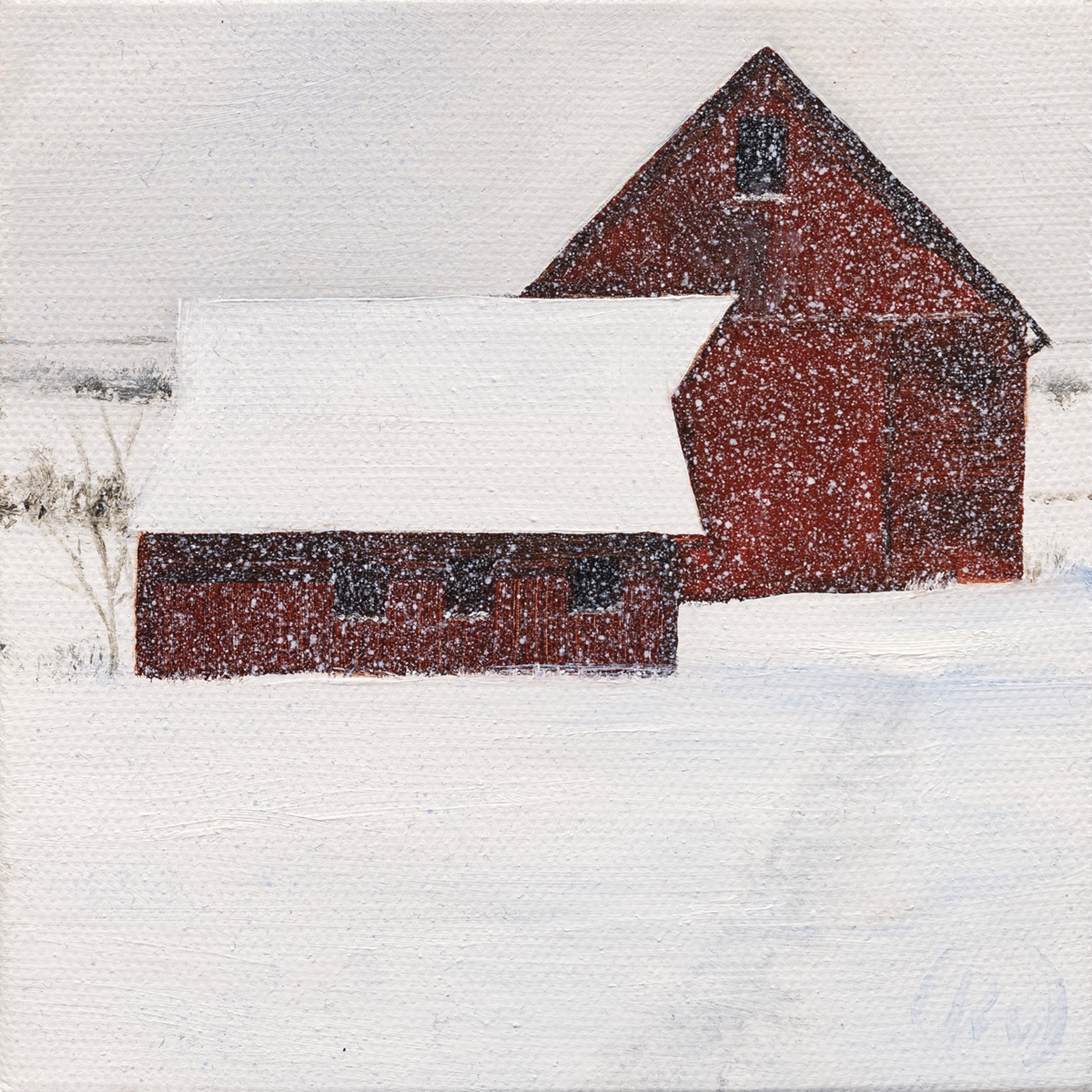 Two Red Barns in Snow by Paula Wallace