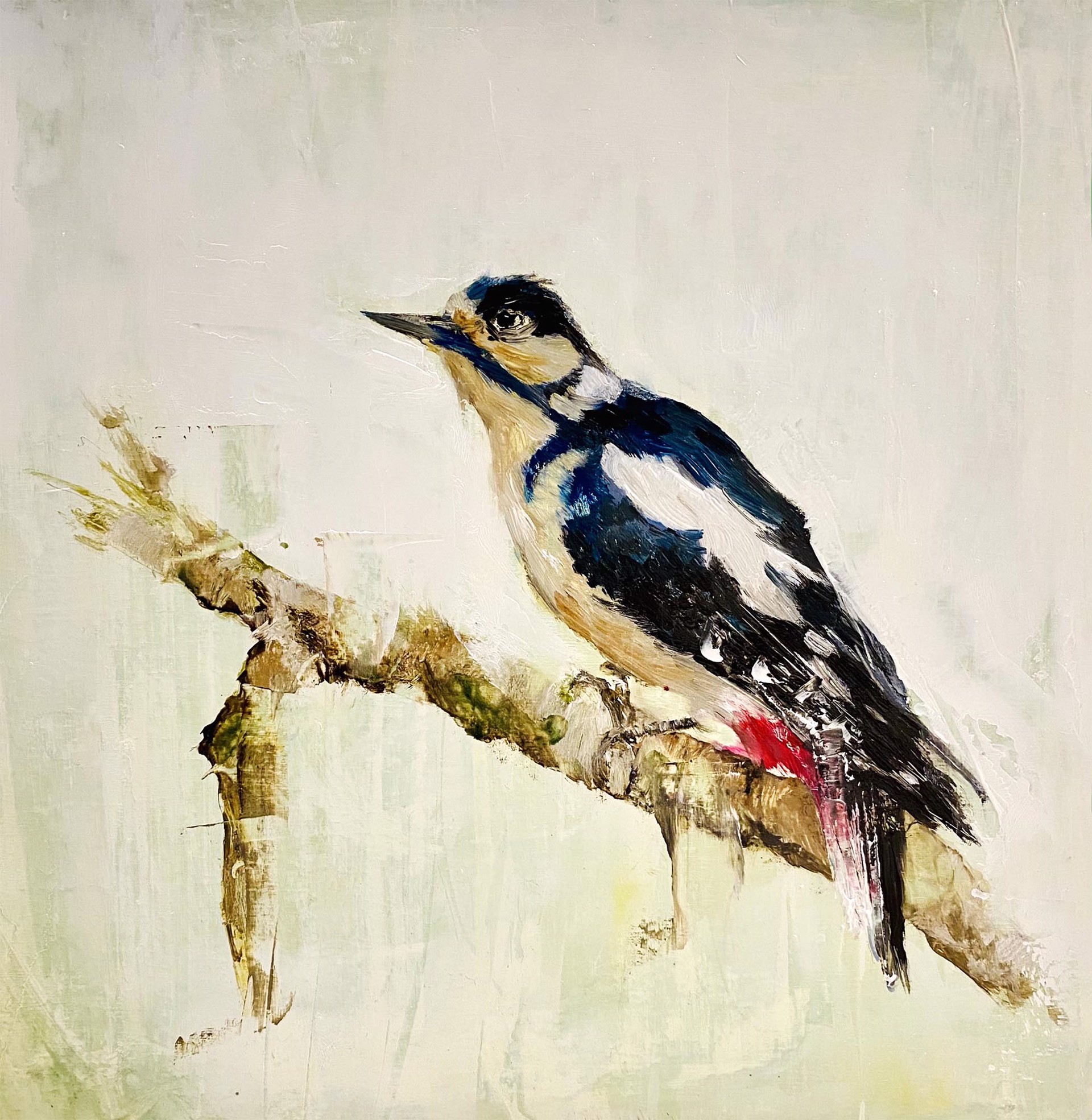 Original Oil Painting Of A Woodpecker Perched On A Branch With A Contemporary  Green And Cream Background