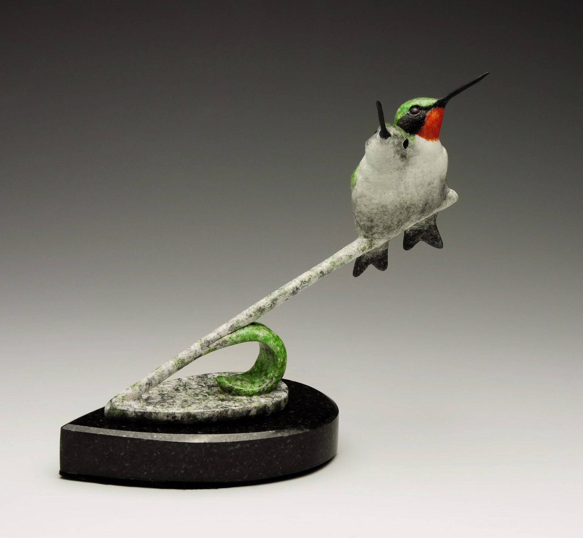 Bronze Sculpture Featuring Two Ruby-Throated Hummingbirds On Extended Branch With Green Black And Red Petina
