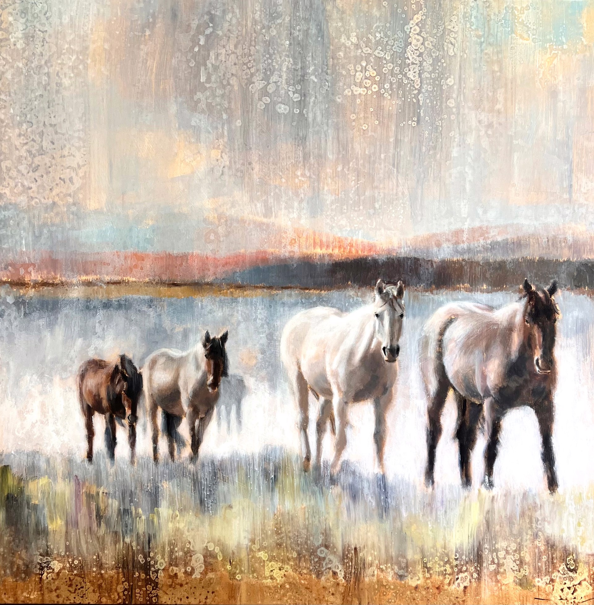 Original Mixed Media Painting By Nealy Riley Featuring A Horse Herd Over Abstract Background