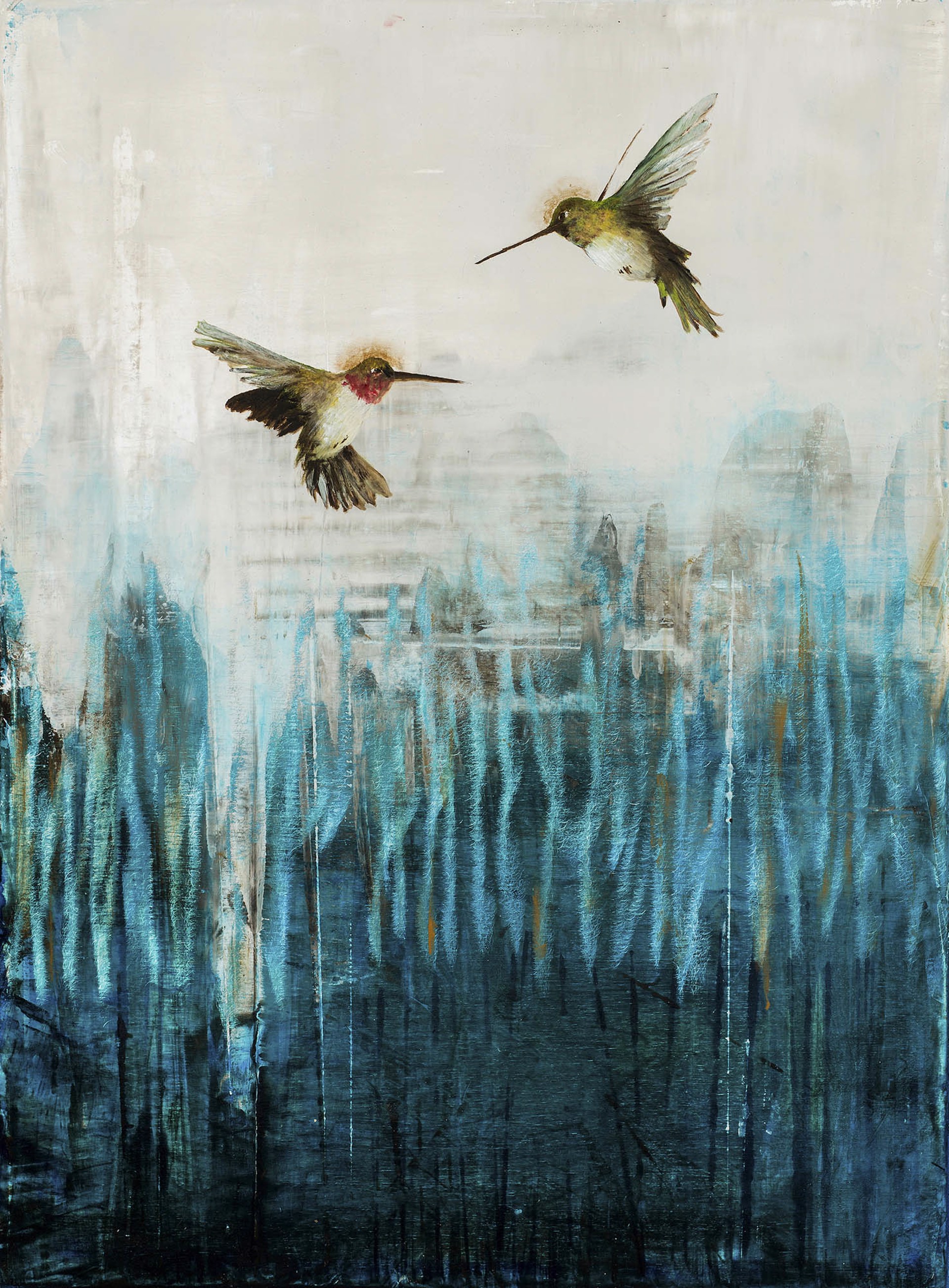 Contemporary Oil Painting Of Two Humming Birds In Flight With An Abstract Background Of White Fading To Blue,  Fine Art By Jenna Von Benedik 
