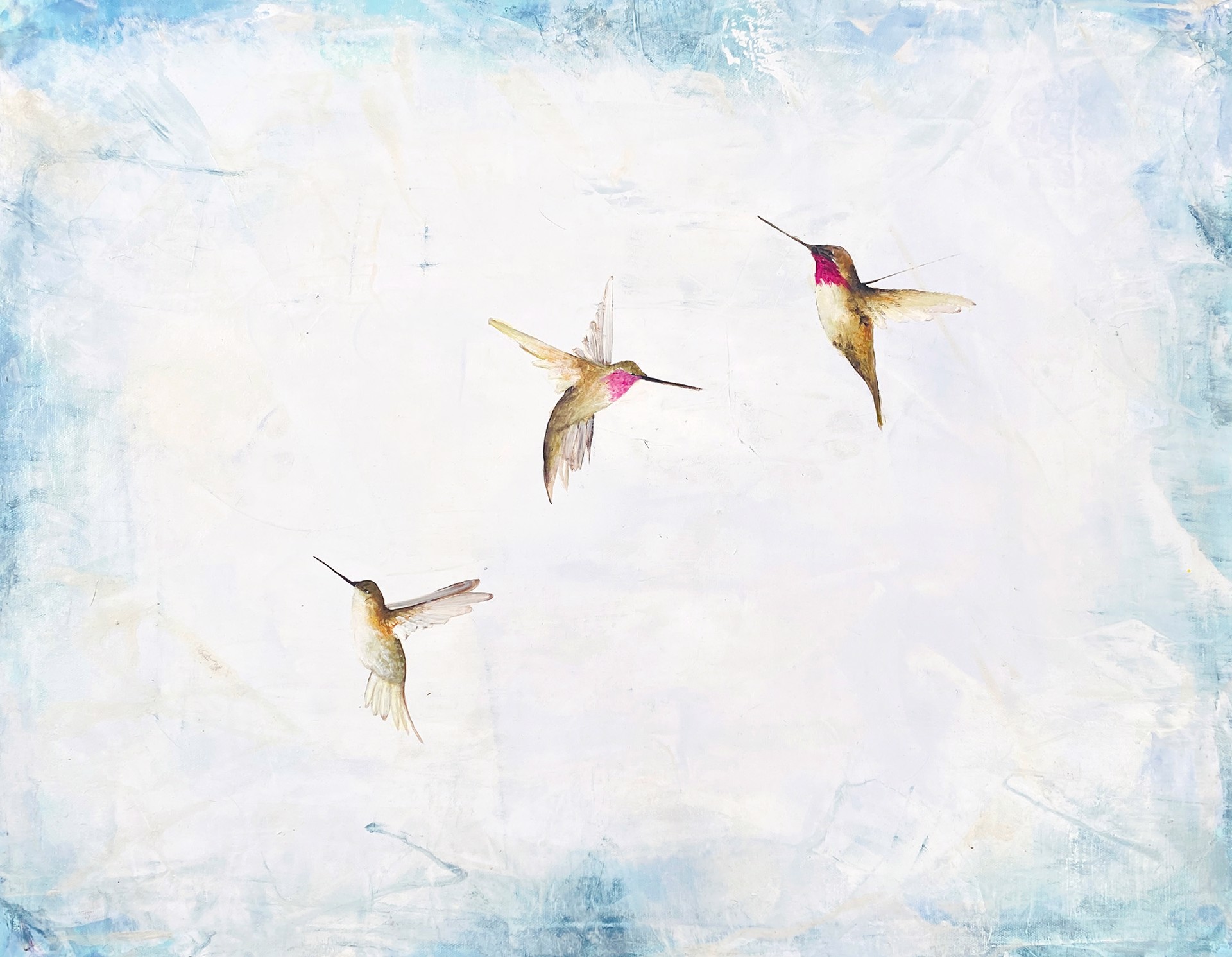 Original Oil Painting By Jenna Von Benedikt With Hummingbirds On An Abstract Background White And Light Blue