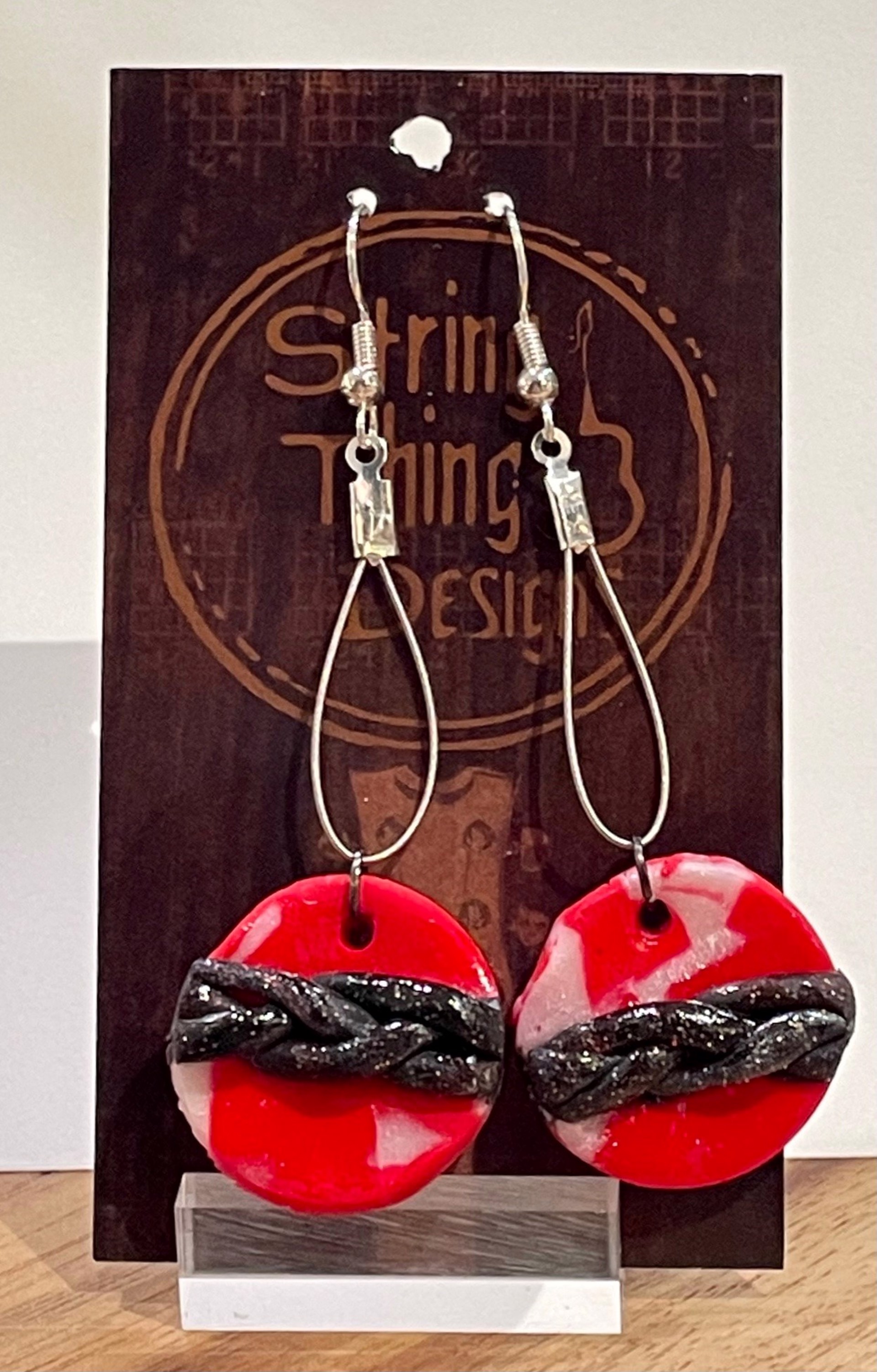Red with Black Braid Guitar String Earrings by String Thing Designs