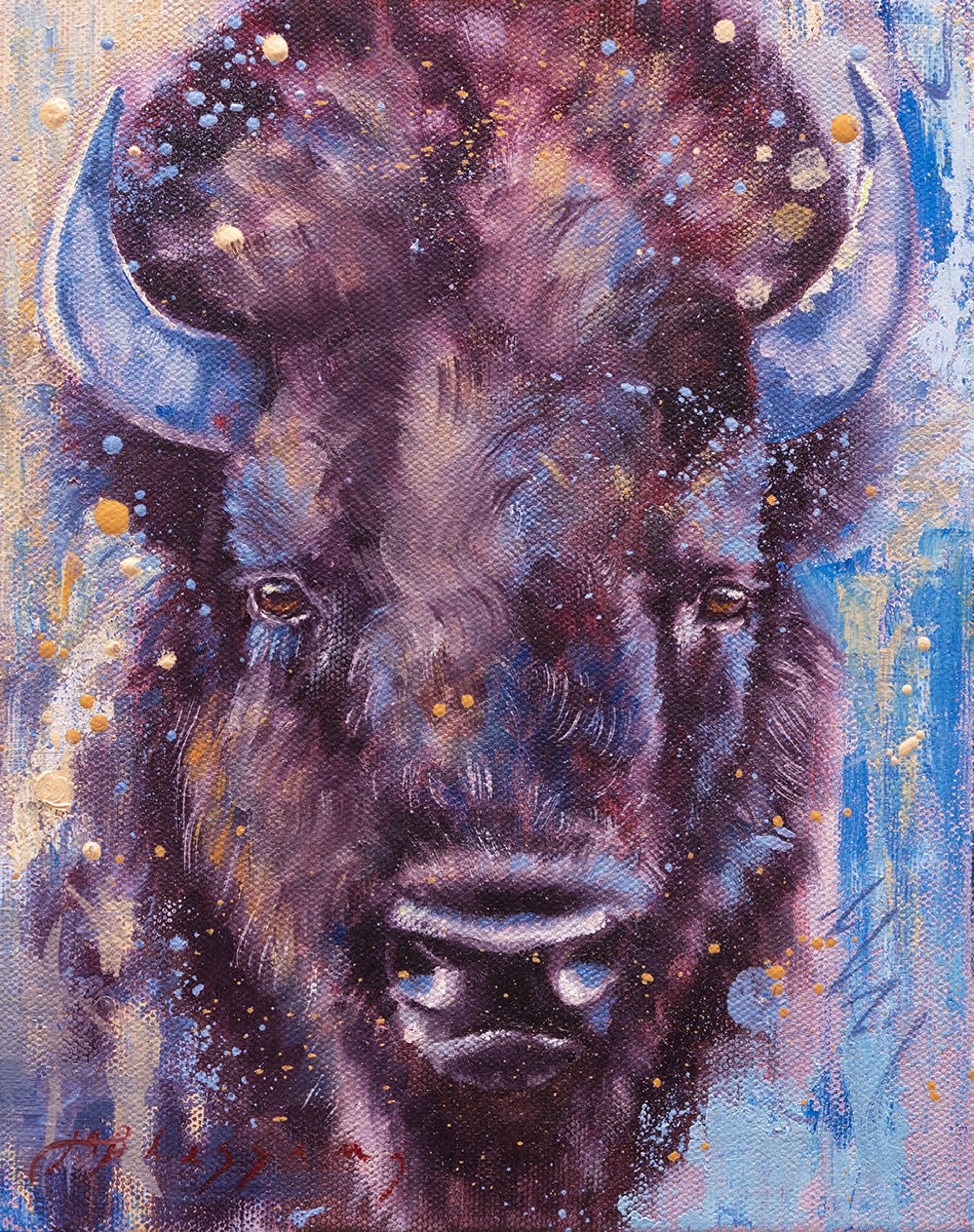 Contemporary Painting Of A Bison Face Colors Mostly Blue Purple In A Contemporary Style, By Meagan Blessing