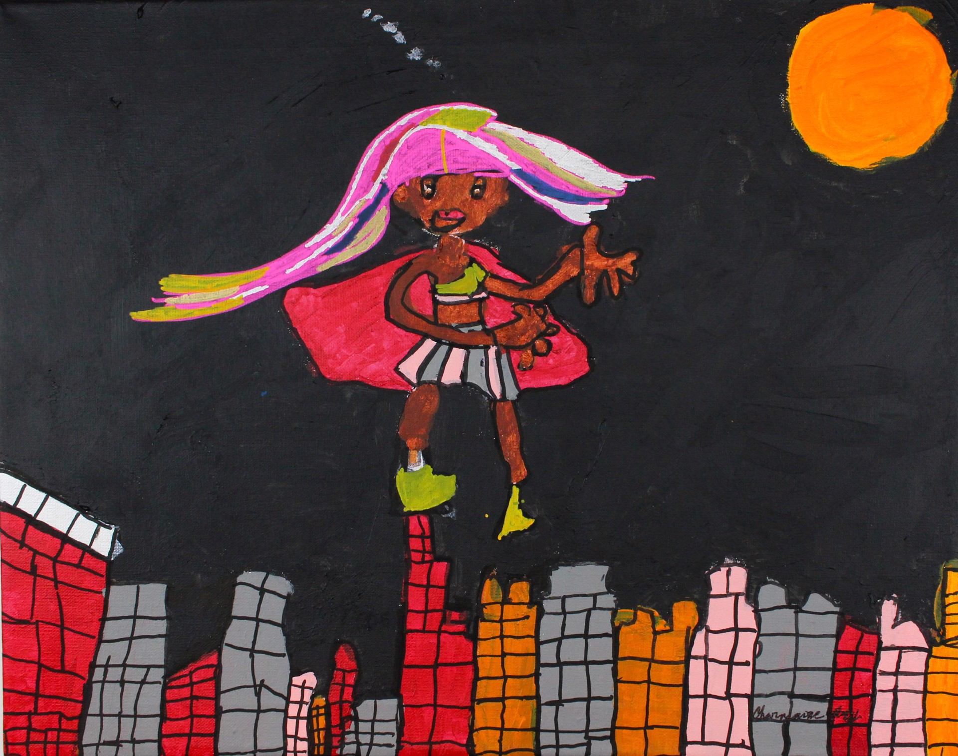 Fantasy Girl Flying Over the City (FRAMED) by Charmaine Jones