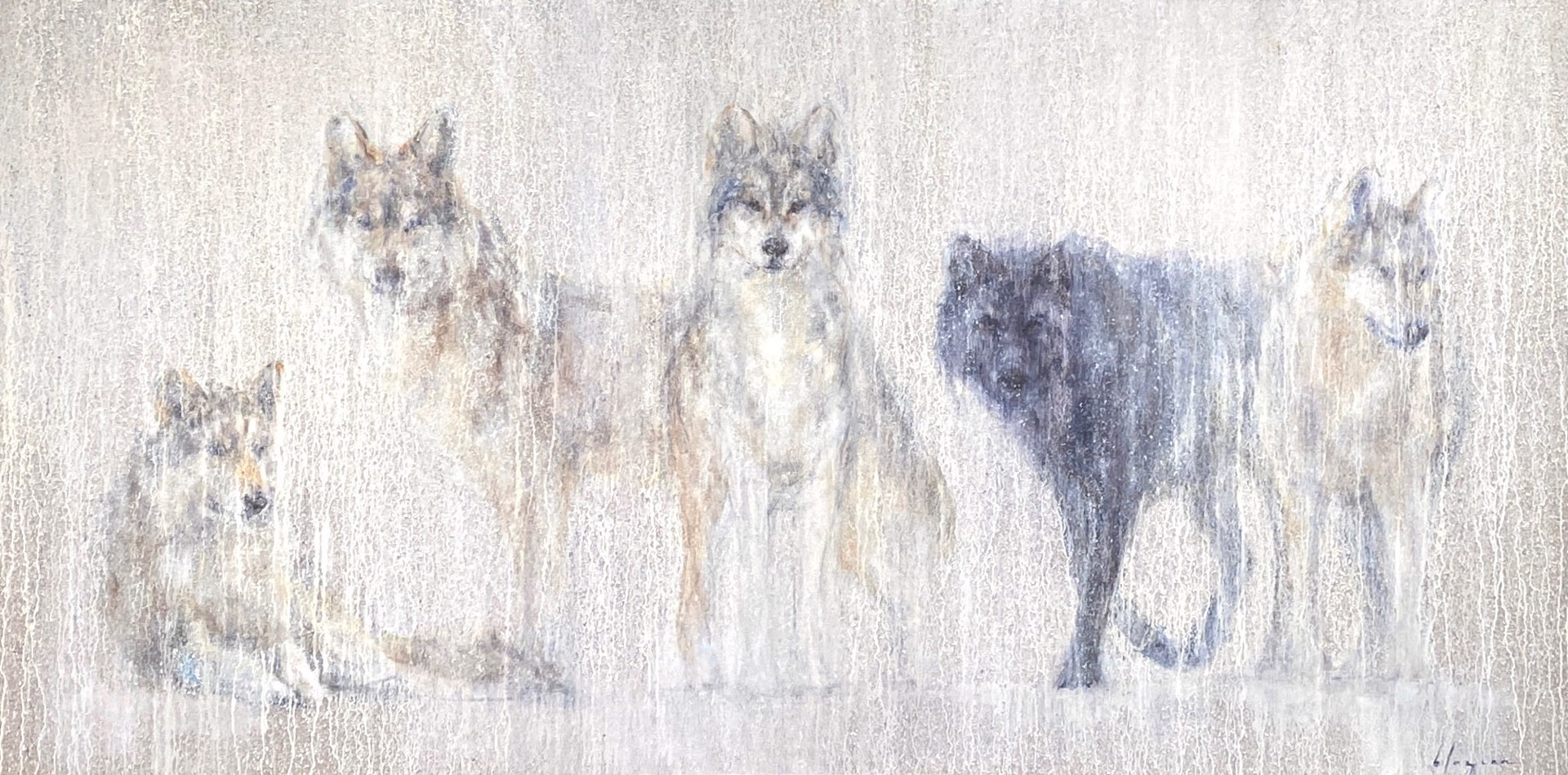 Original Oil Painting Featuring Four Grey Wolves And One Black Wolf With A Light Wash Background And Drop Details