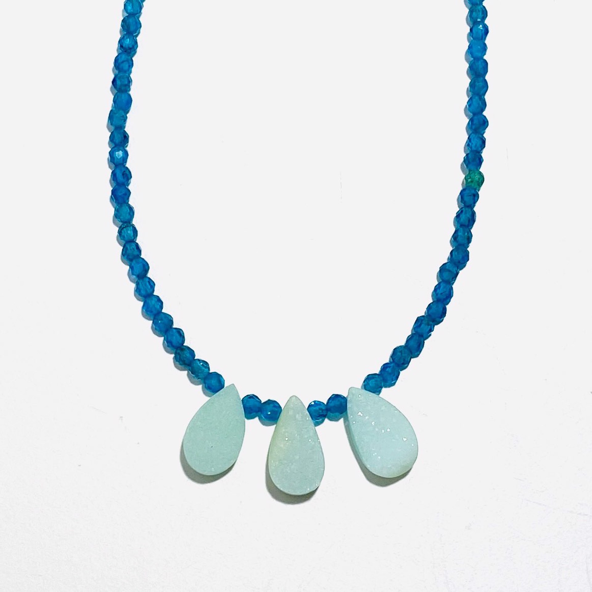 Faceted Tiny Neon Apatite Three Teardrop Druzy Focal Necklace by Nance Trueworthy
