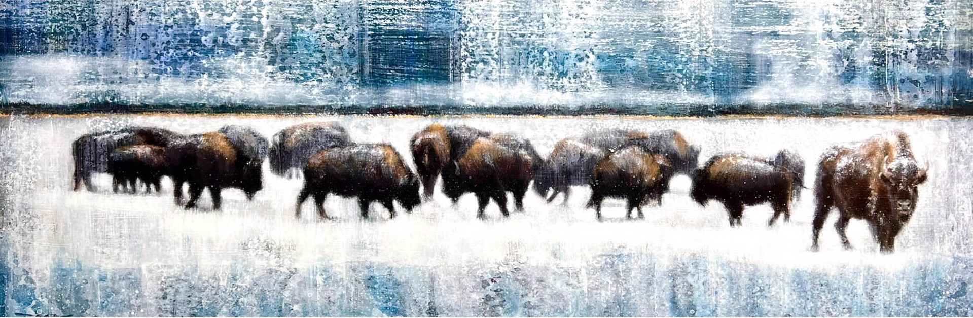 Horizontal Painting Of Bison Herd In A Blue And White Background