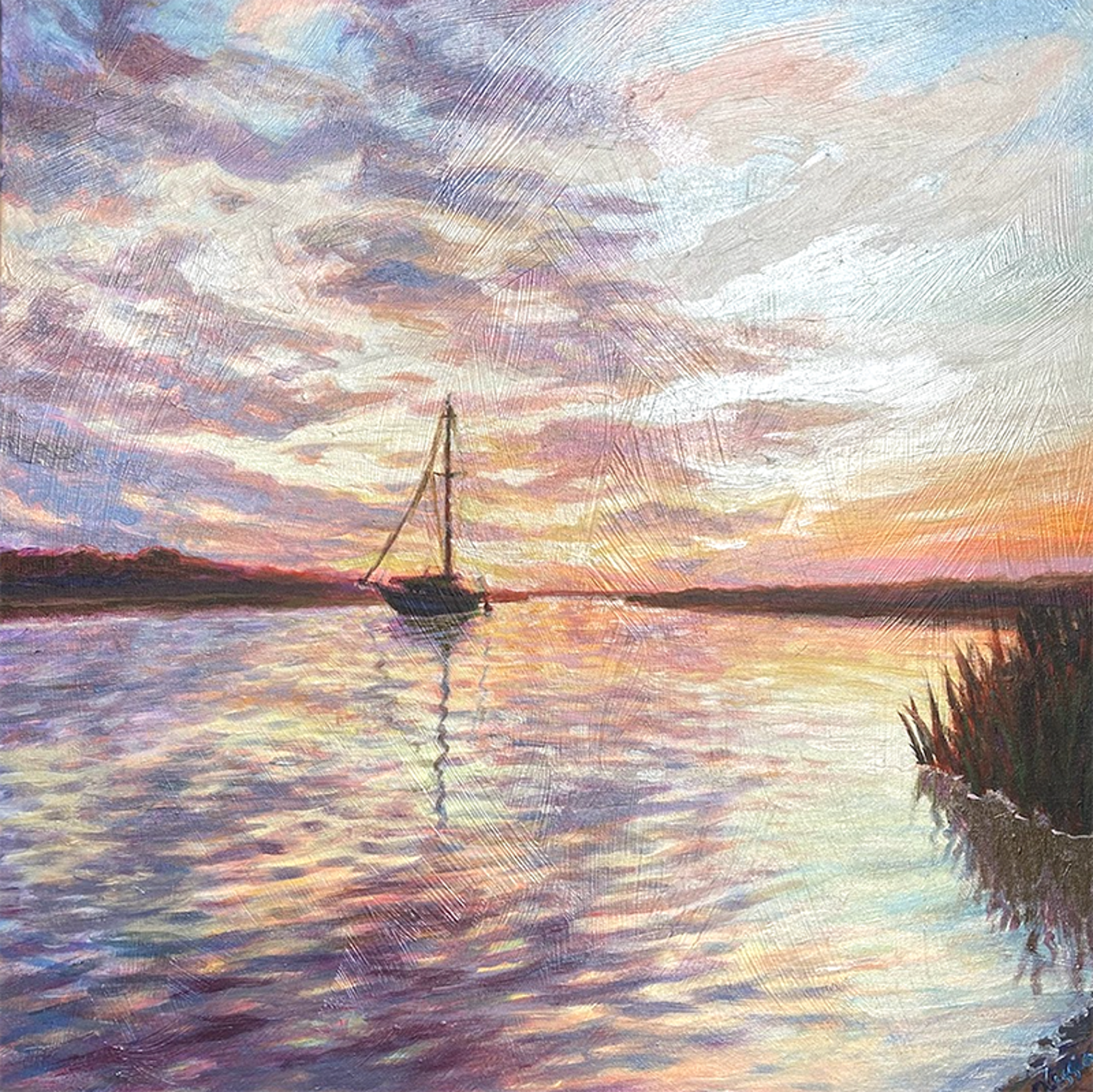 "Moored at Bowens" original acrylic painting by Olessia Maximenko