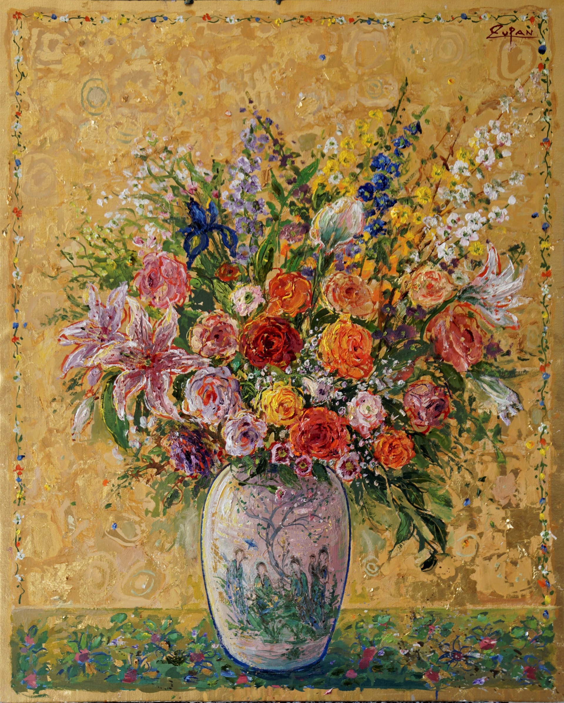Bouquet in a Chinese Vase on Gold Ground by Bruno Zupan