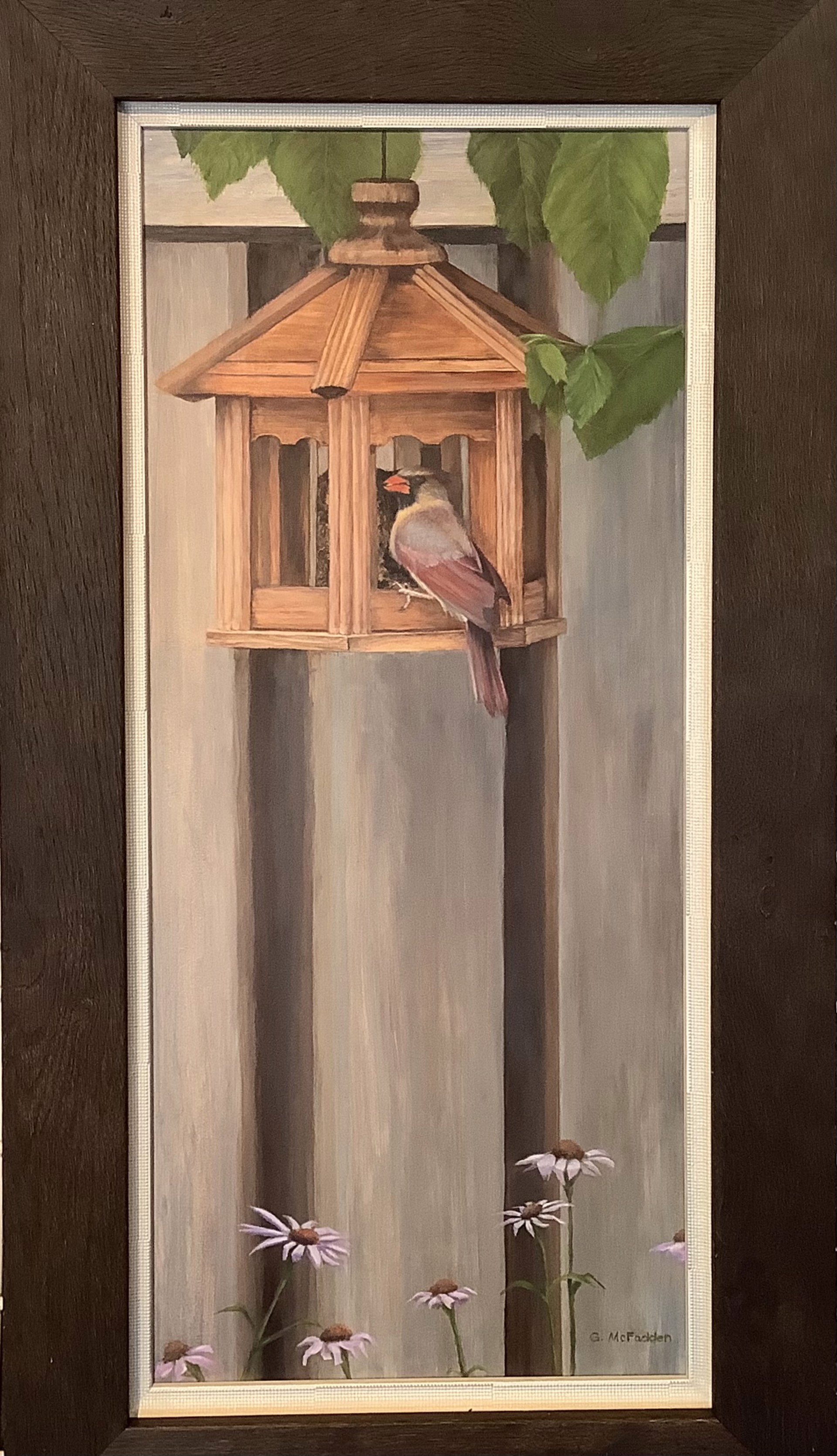 Cardinal At Bird Feeder, oil on Masonite by Gail McFadden