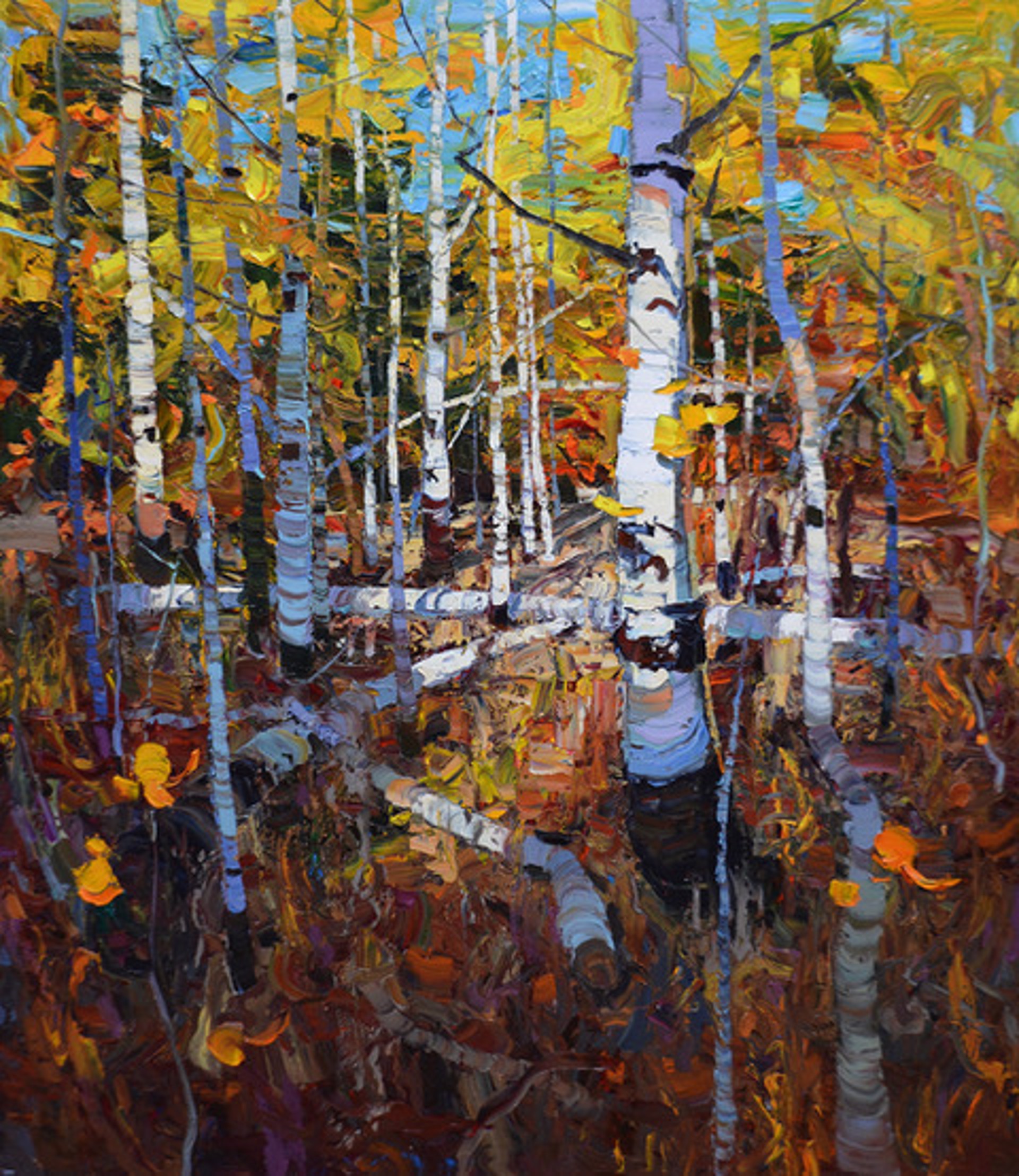 Contemporary Oil On Canvas Painting Of Autumn Or Fall Aspens With Yellow And Orange By Silas Thompson Available At Gallery Wild