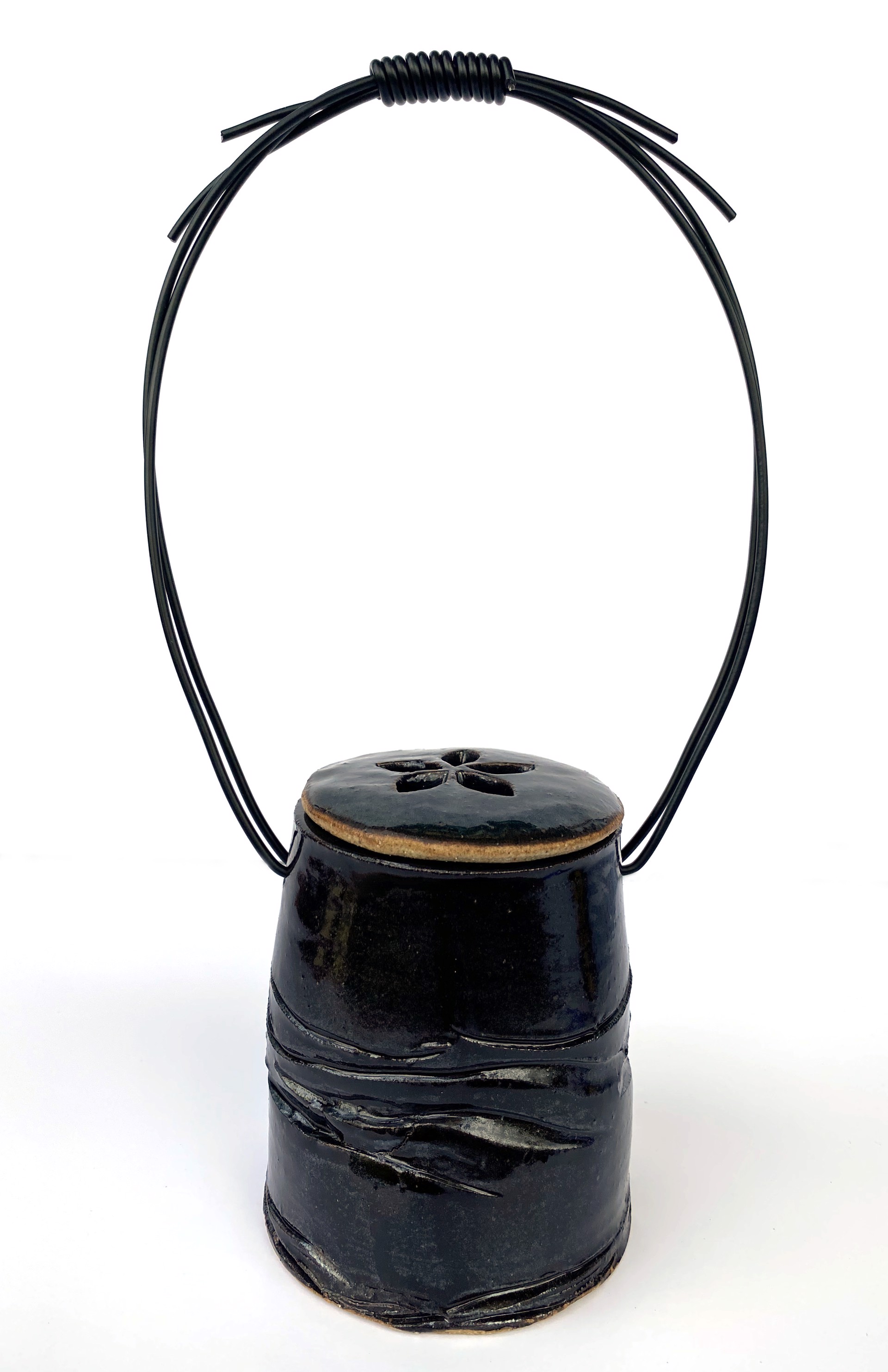 Black Vase with  Wire Handle by Faye Maeshiro