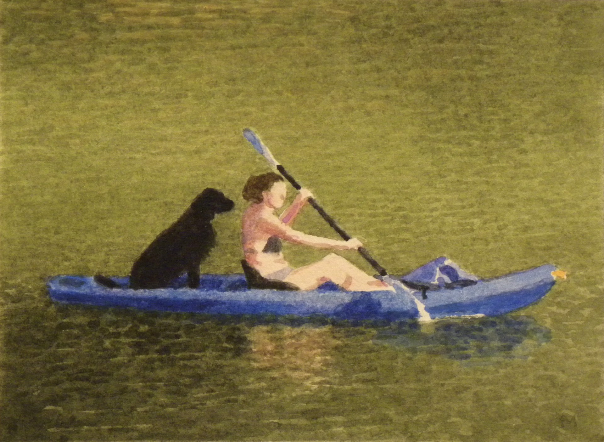 Black Dog in Blue Kayak by Mary Robertson