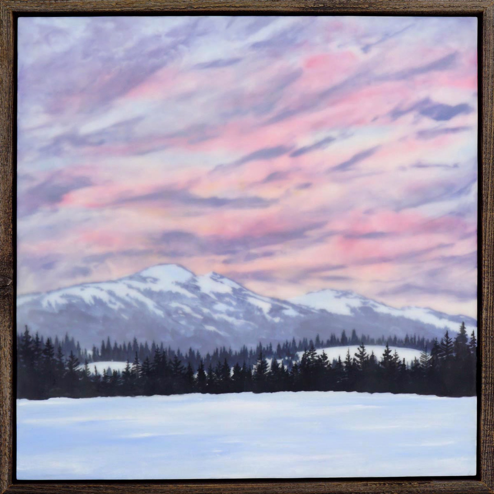 Original Encaustic Painting by Bridgette Meinhold Mountain Landscape In the Morning Light Pink Swirls In Sky