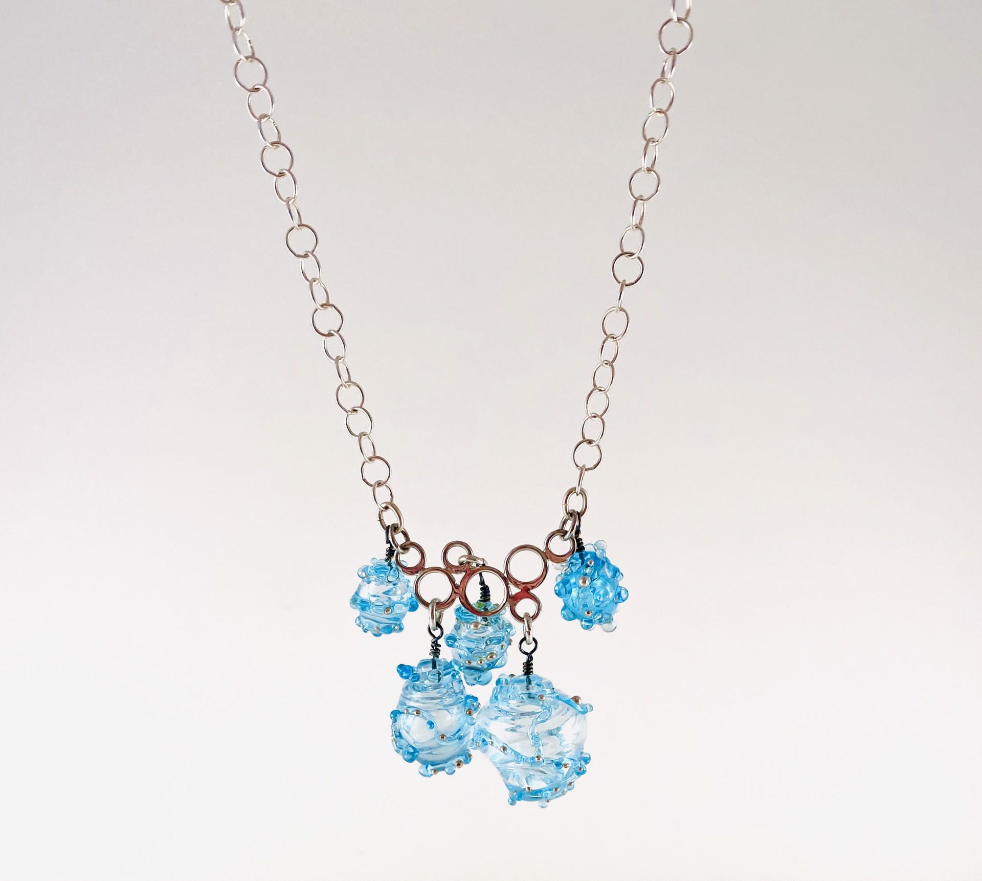 #395 Clear Blue Bubble Bead and Fine Silver Pendant on Silver Chain Necklace by Linda Sacra