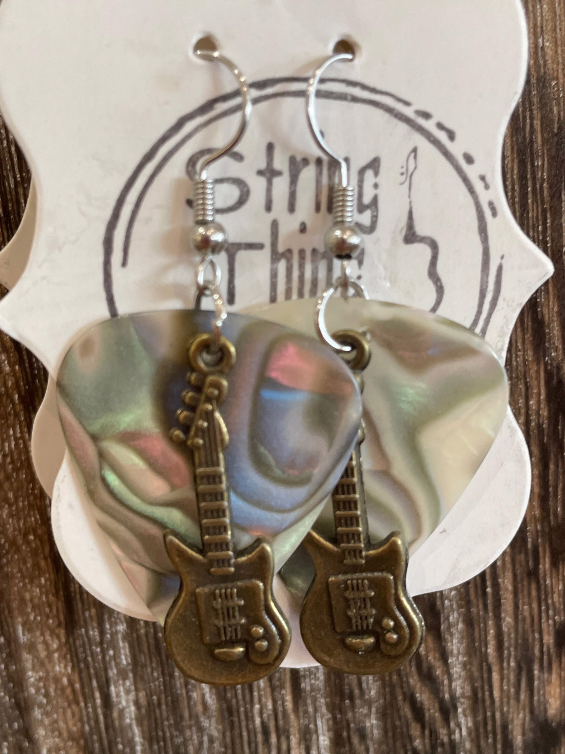 Antique Guitar and Pearl Pick Earrings by String Thing Designs