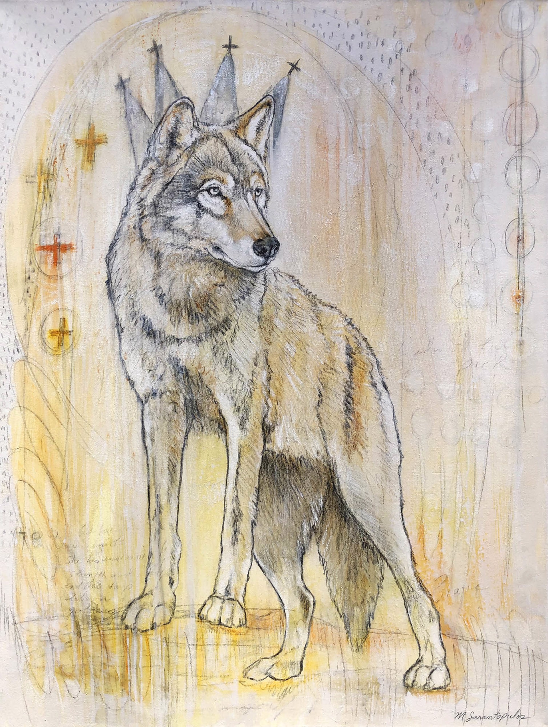 Original Mixed Media Painting Featuring A Wolf Drawn In Graphite With Doodle Crown And Details Over Yellow And Gray Abstract Background