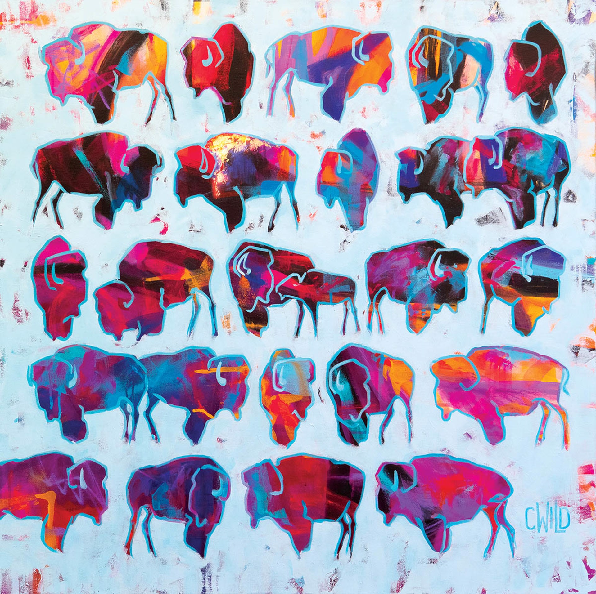 A Contemporary Painting Of Multiple Bison Over An Abstract Background By Carrie Wild At Gallery Wild