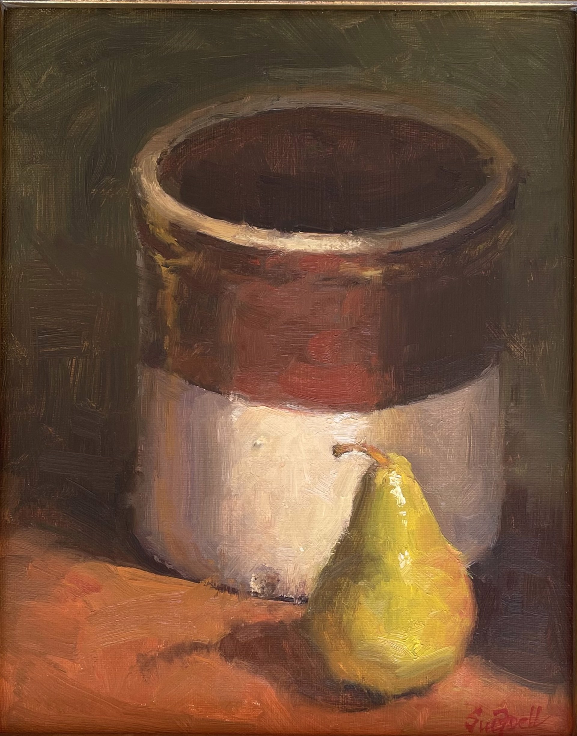 Pear with old crock by Sue Foell