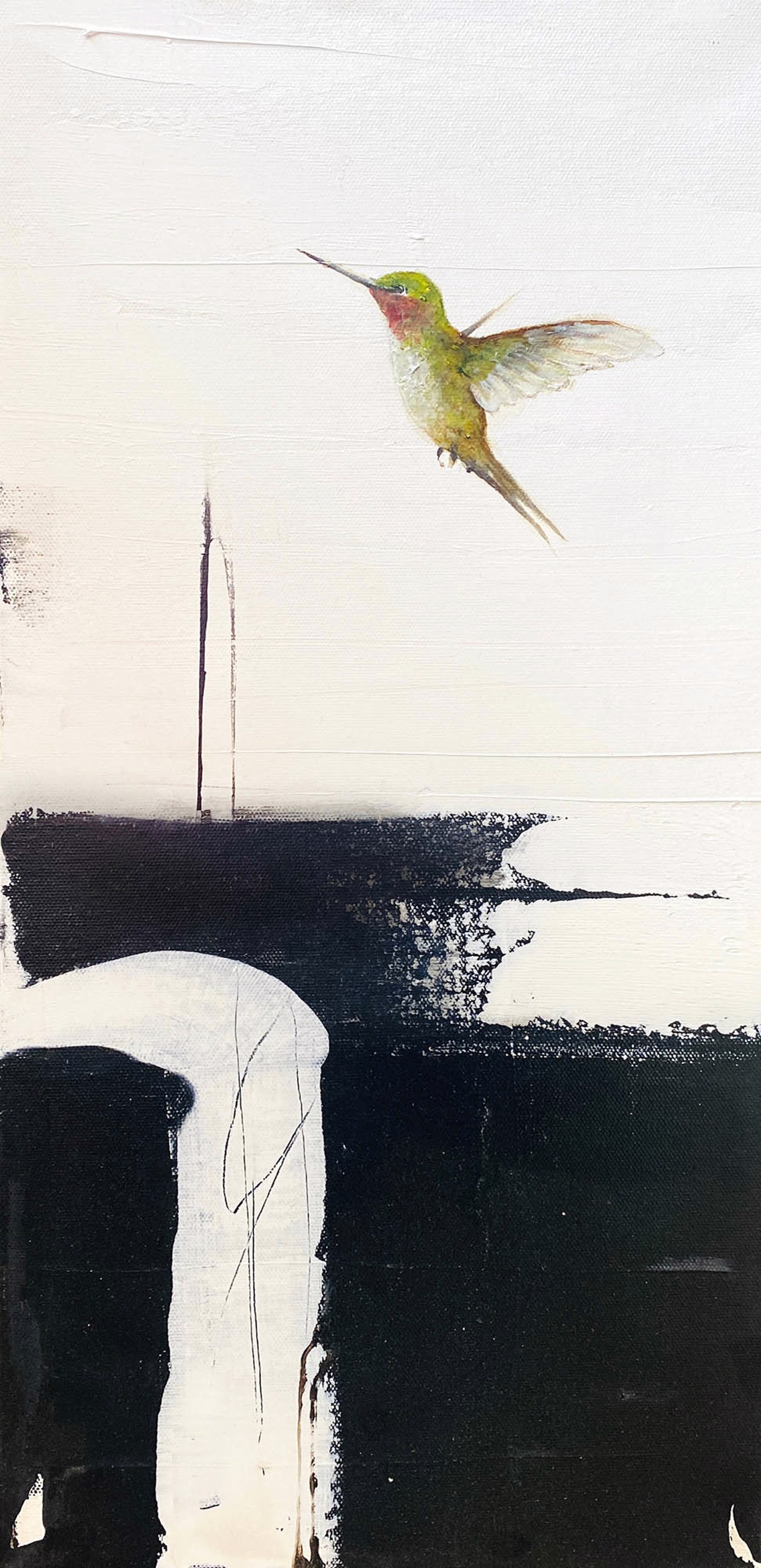 Original Oil Painting Featuring A Single Hummingbirds Over Abstract Black And White Background