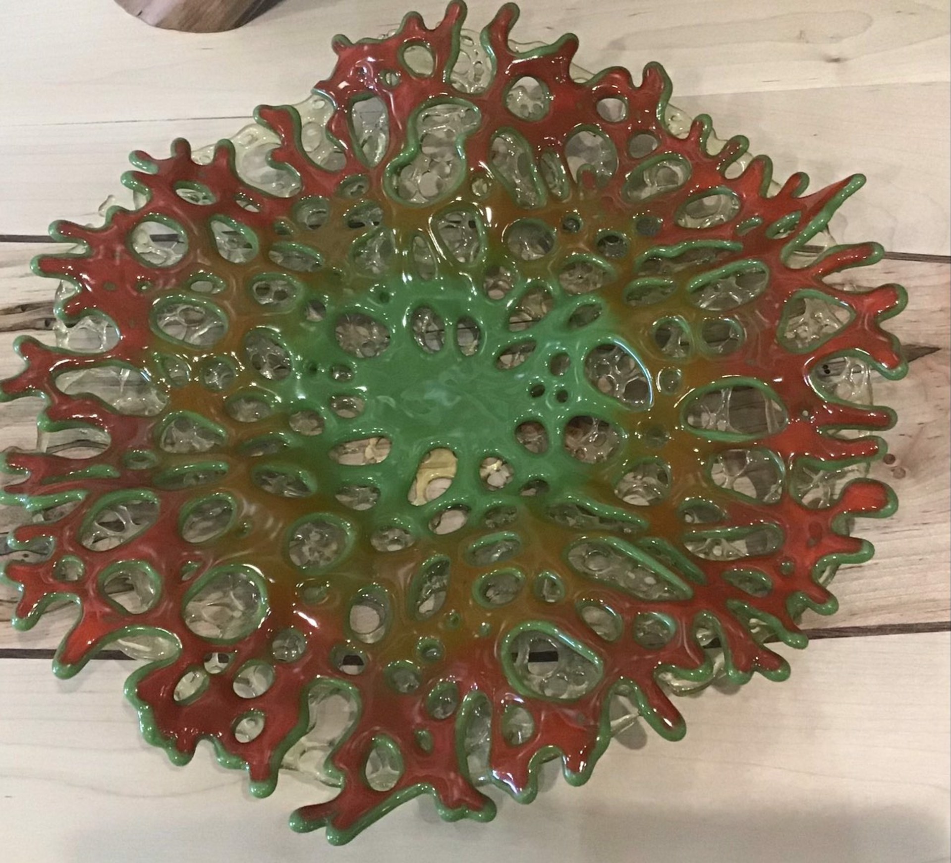 Green/Orange/Red Coral Bowl with lace edge by Marian Pyron