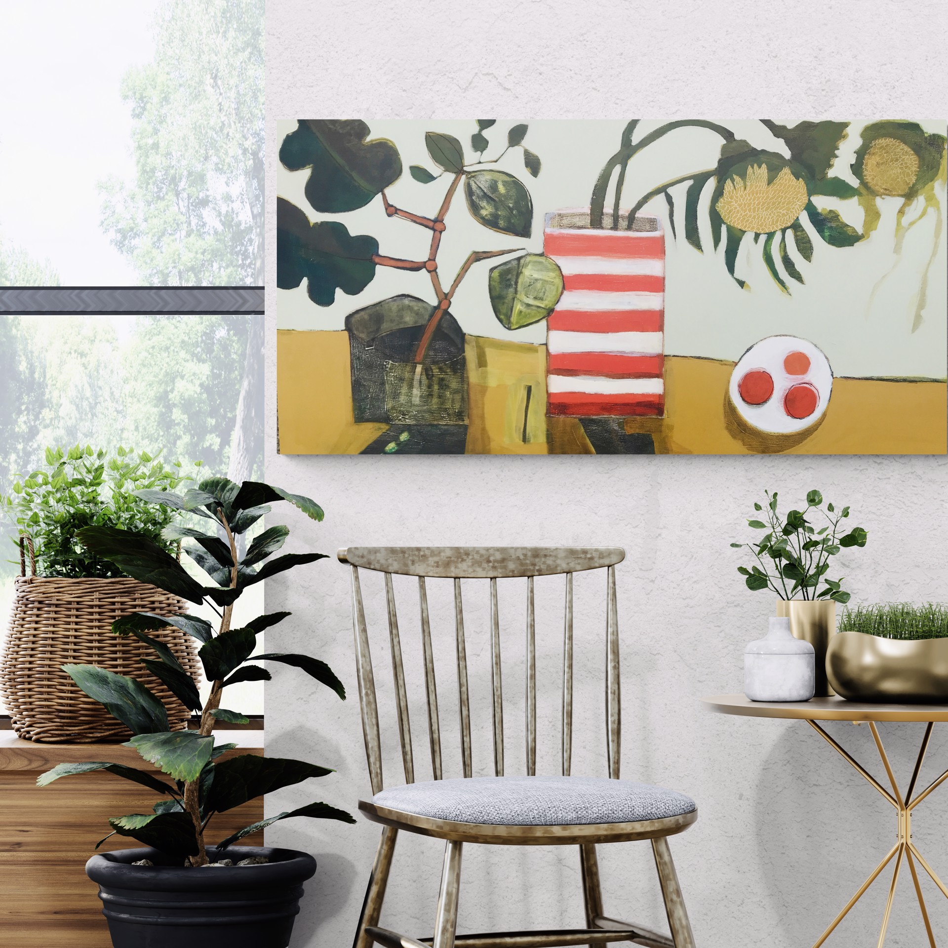 Three Sunflowers in Red and White Striped Vase by Rachael Van Dyke