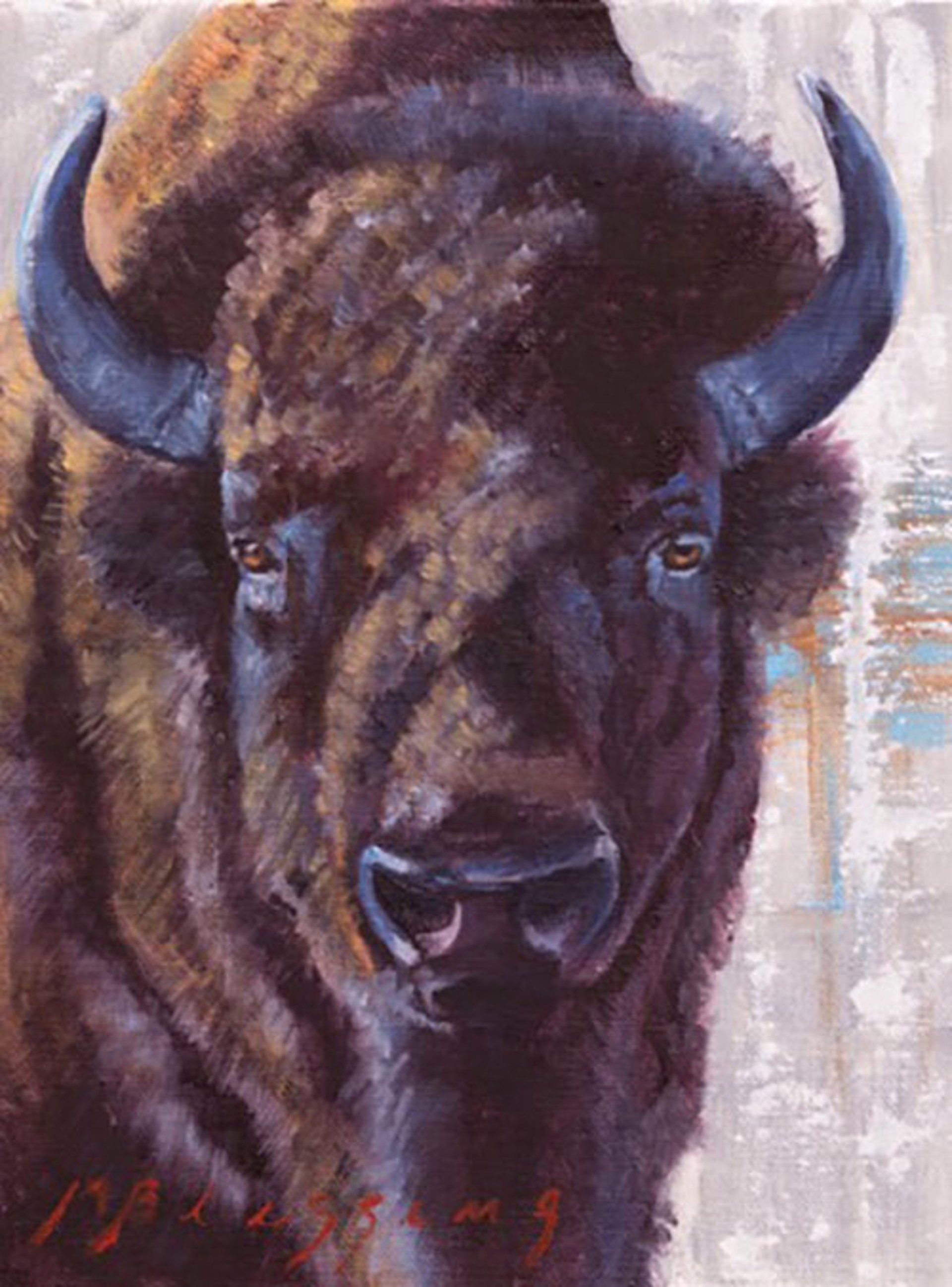 Original Oil Painting Featuring A Bison Portrait Facing Forward With Gray Abstract Background