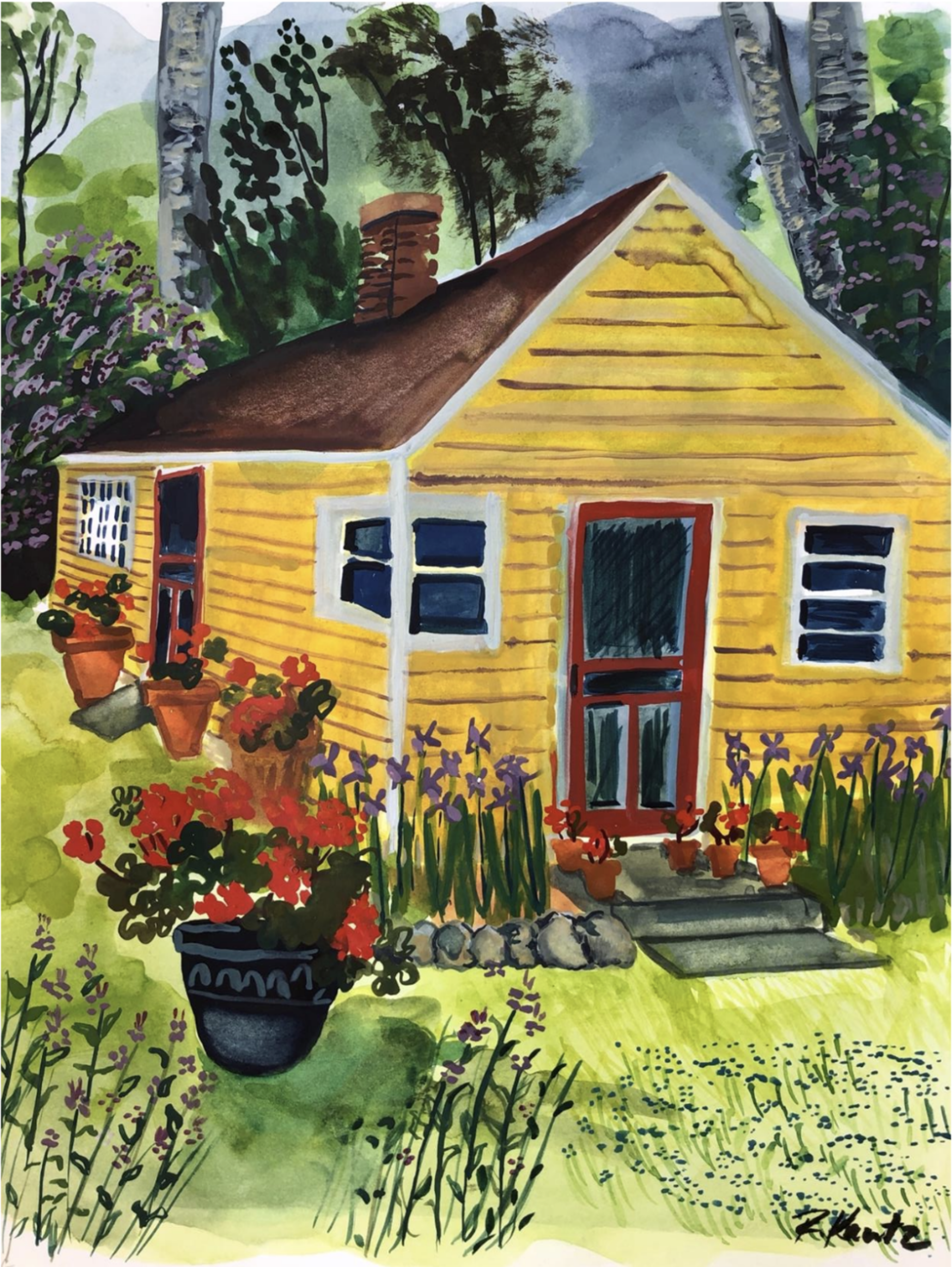 Yellow Cottage With Geraniums by Rebecca Kautz