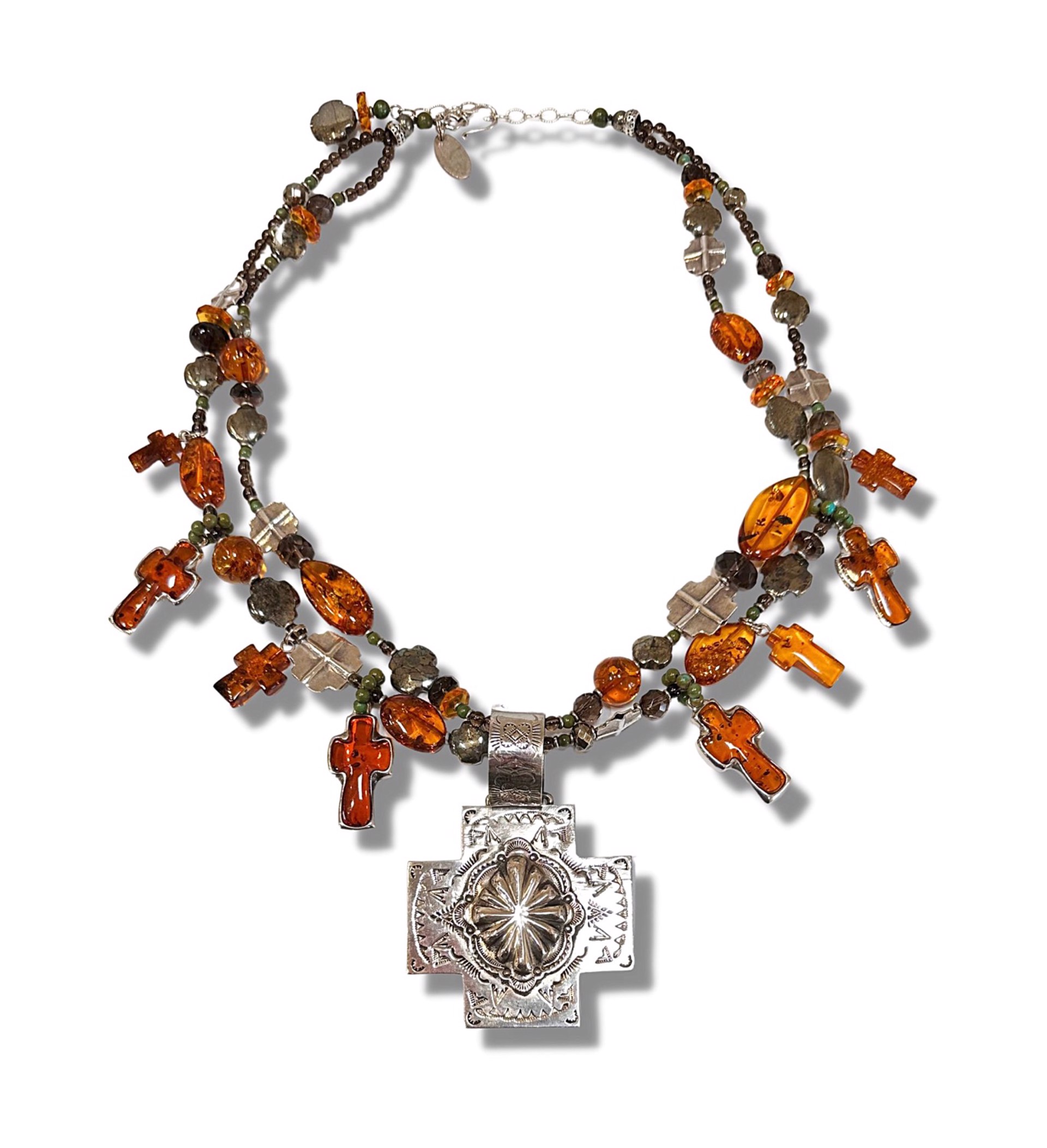 Necklace - 2 Strand Amber and Sterling Silver Crosses #51 by Kim Yubeta