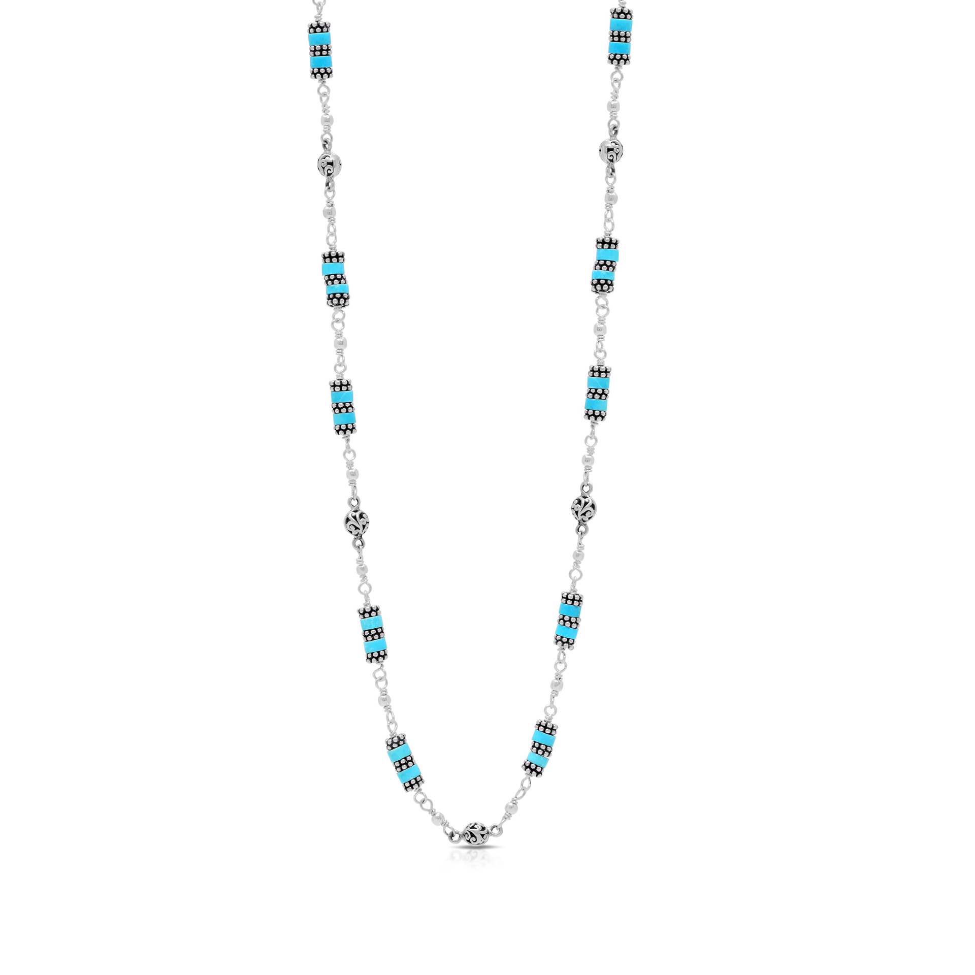 Sterling Silver Carved Beads with Turquoise Linked Necklace by Lois Hill