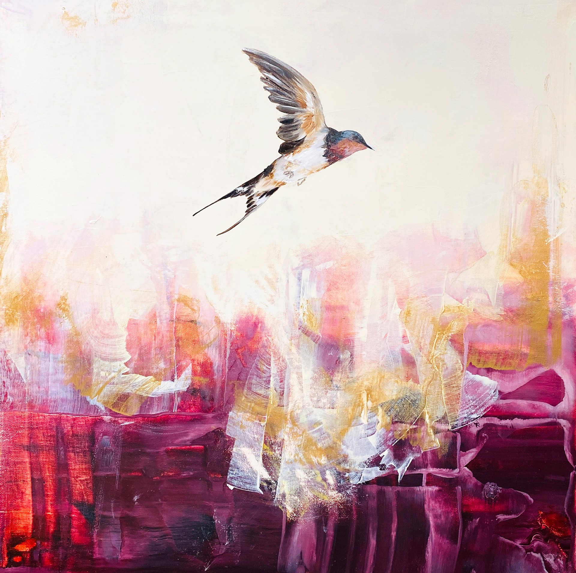 Original Oil Painting By Jenna Von Benedikt With A Swallow On A Pink Abstract Background