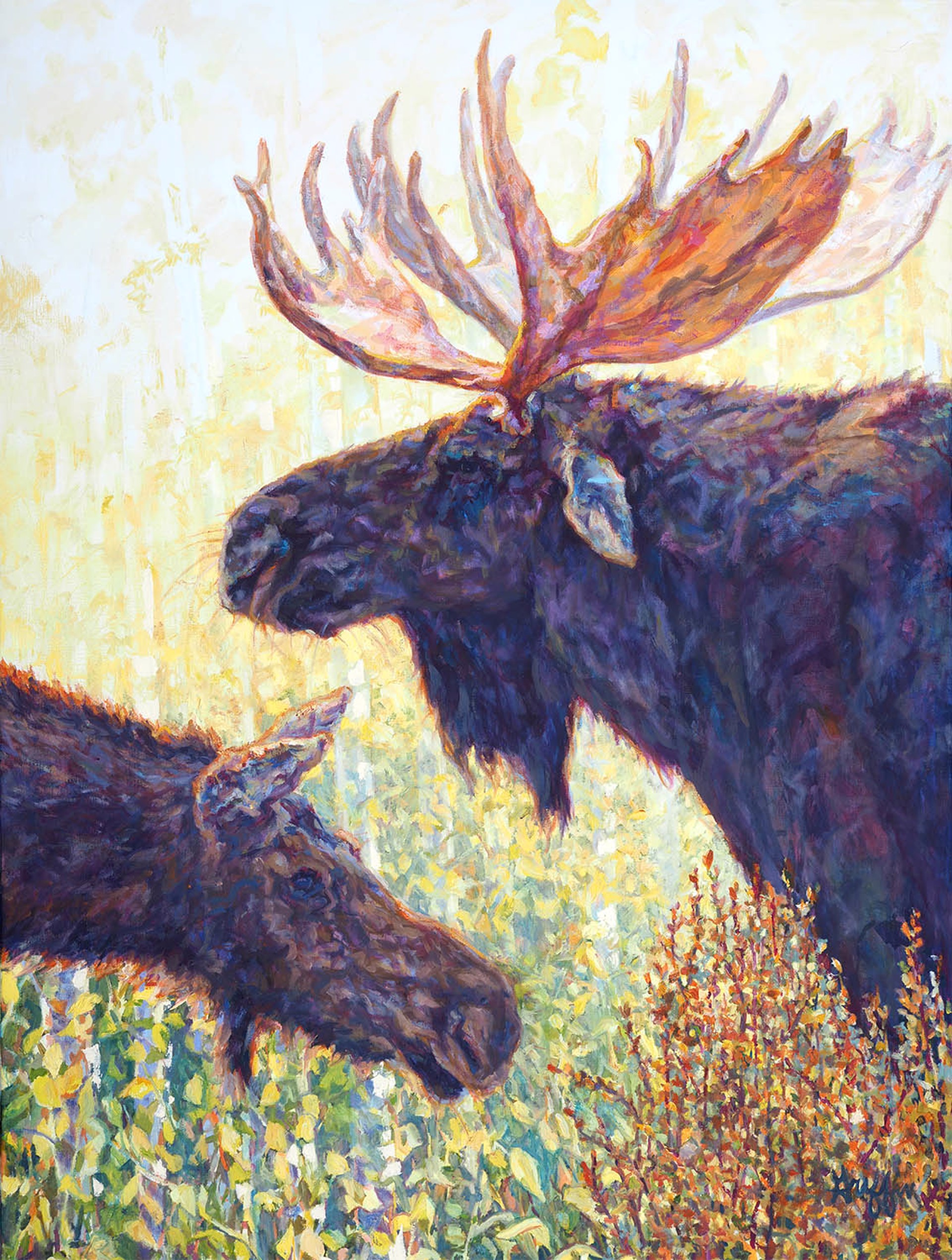 Original Oil Painting On Linen Two Moose Together In Green Leafy Background