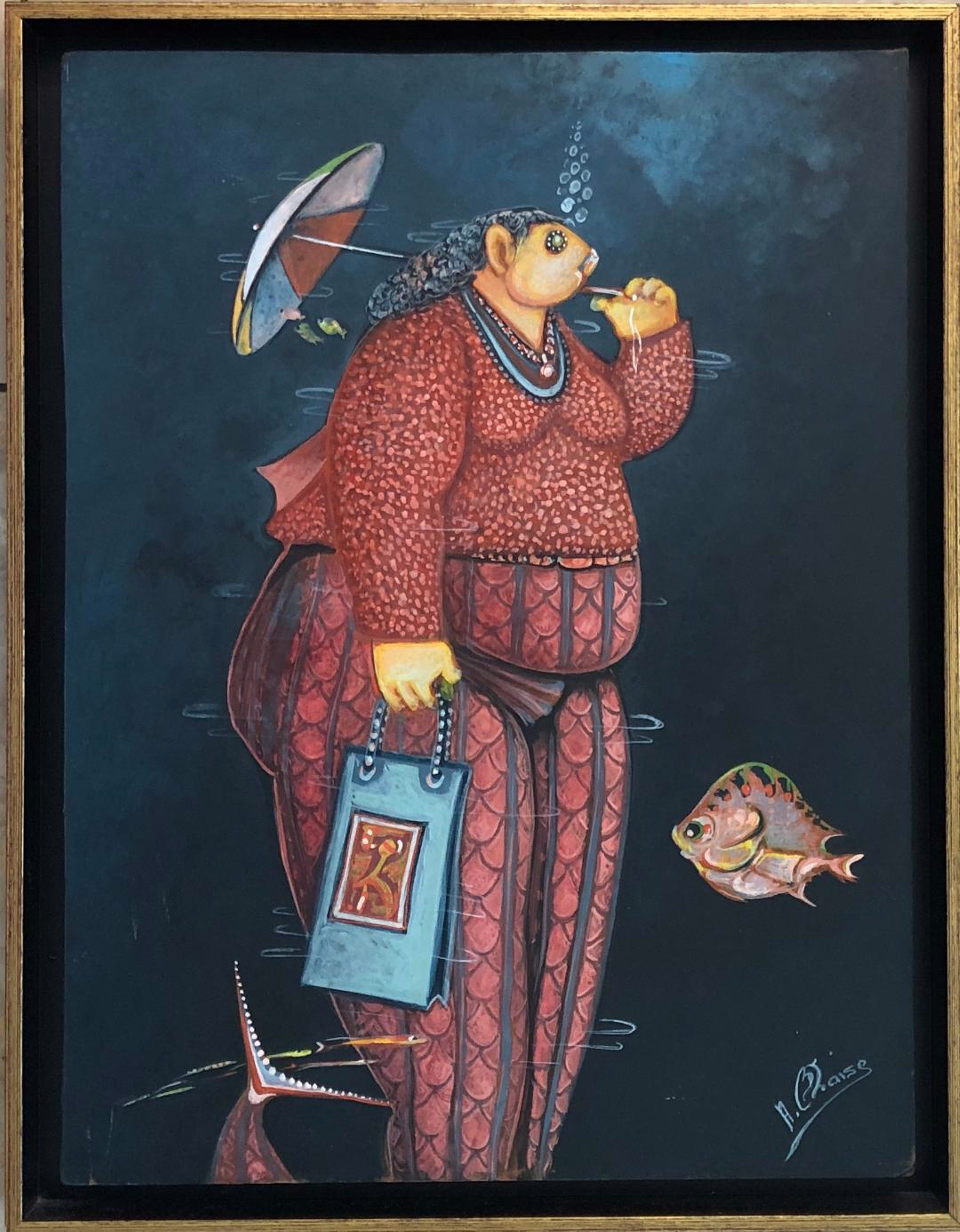 Fish Lady With Umbrella by Andre Blaise (Haitian, b.1961)