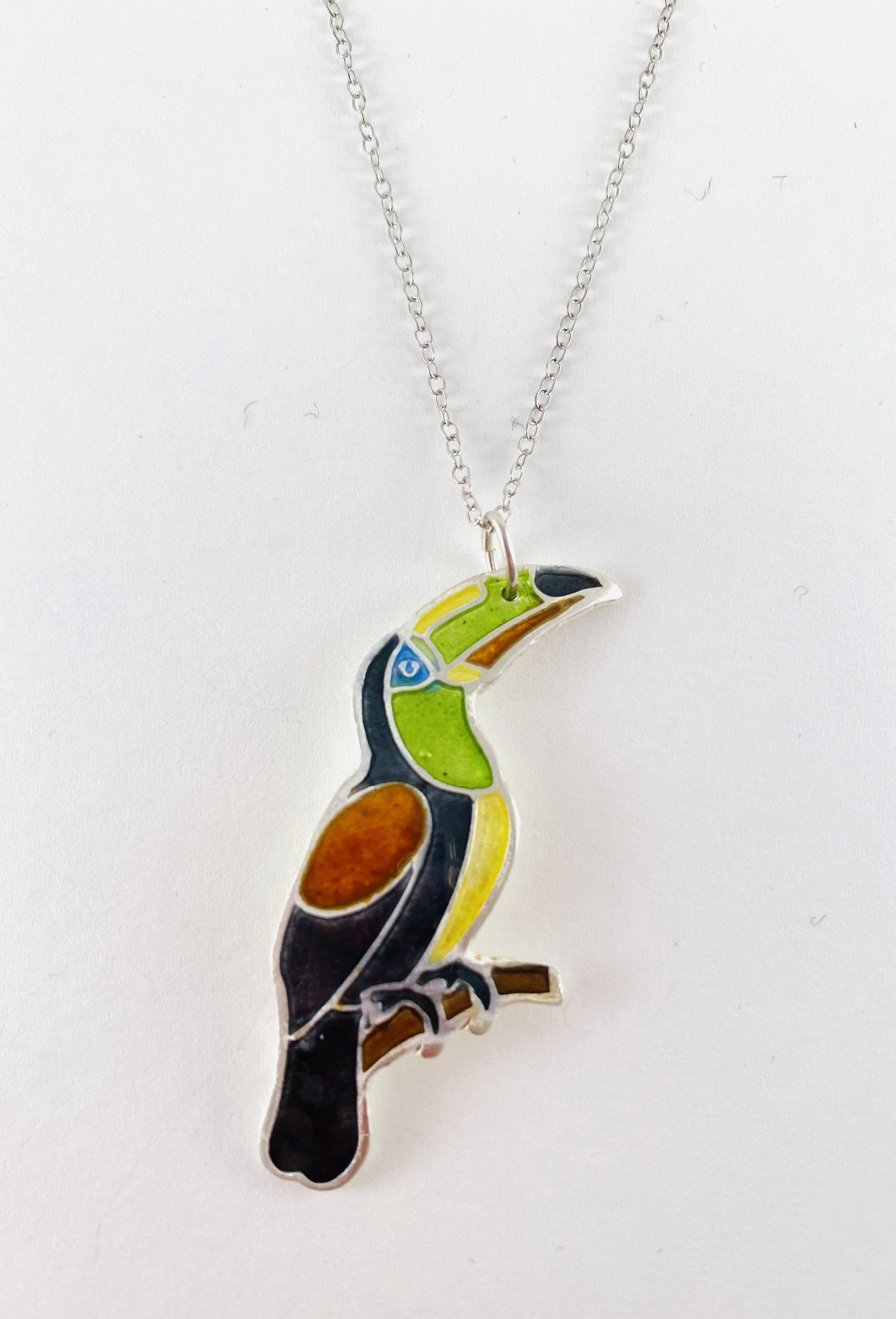 Champleve Toucan Pendant, 18" Silver Chain Necklace by Karen Hakim