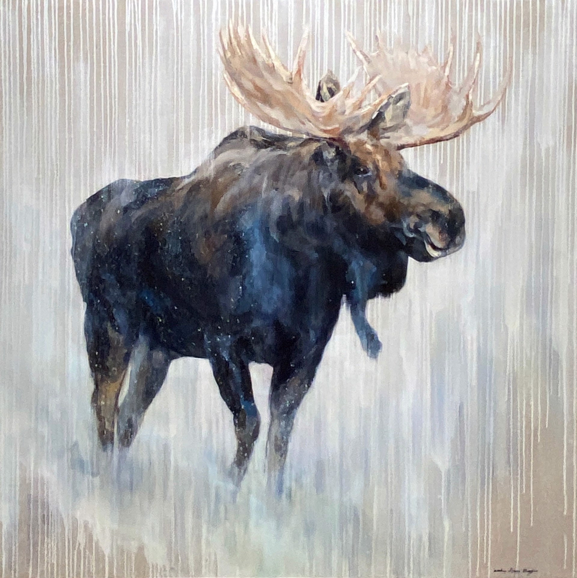 Moose Standing Across the Raw Linen with White Atmosphere and White Drips