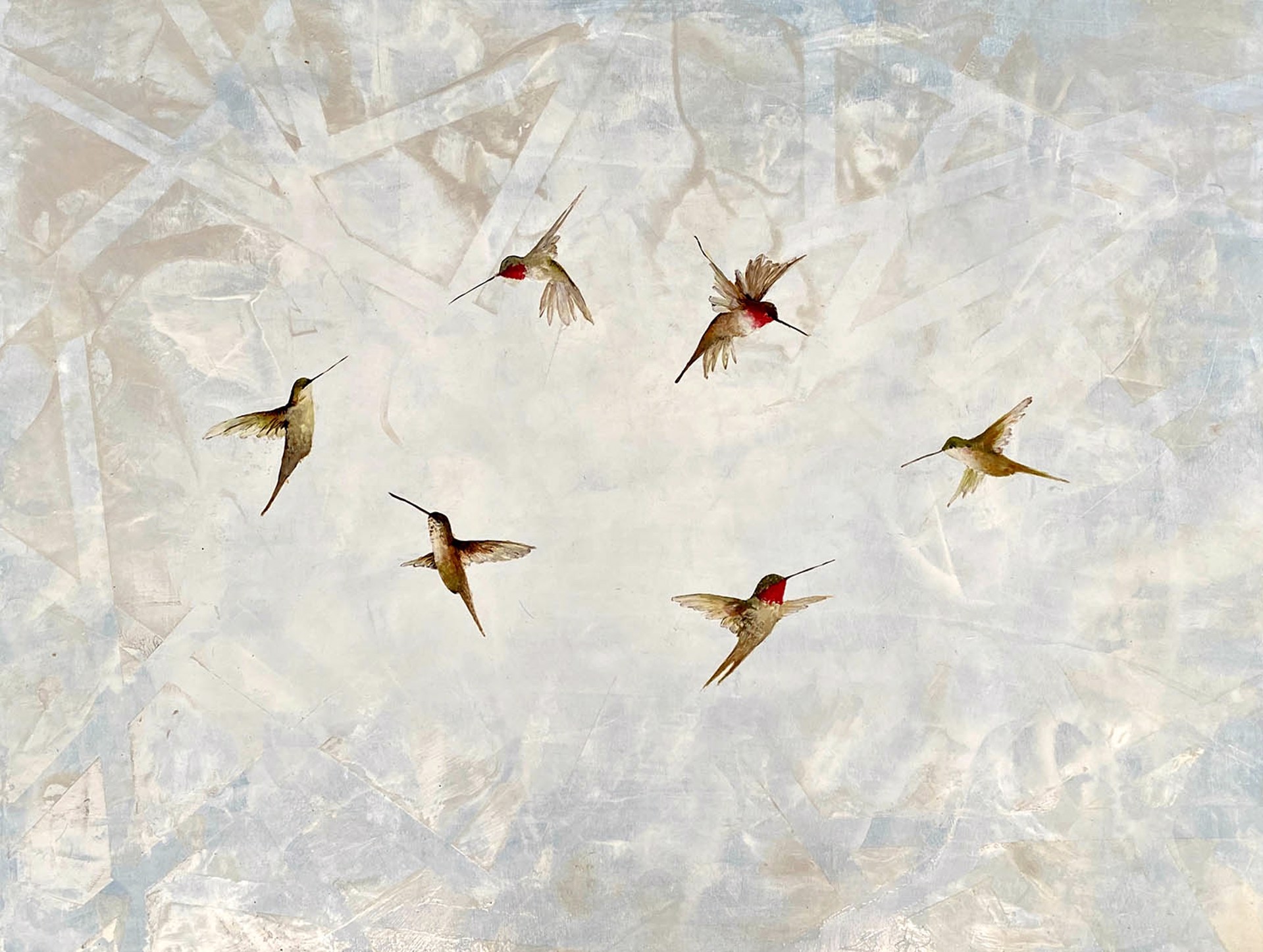Original Oil Painting By Jenna Von Benedikt Featuring Ruby Throated Hummingbirds In Clustered Flight Over Abstract Silver Background