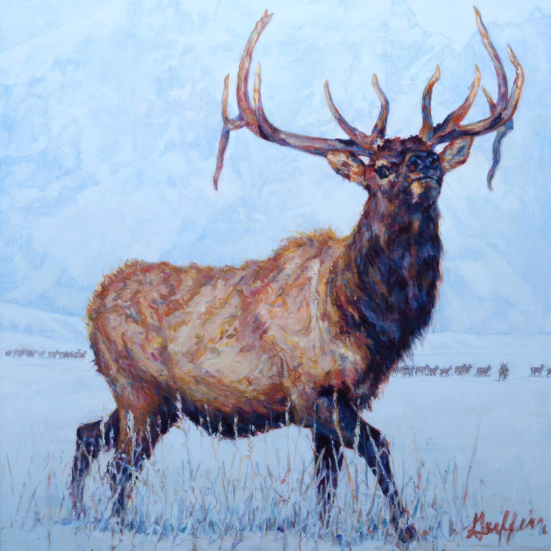 Original Oil Painting By Patricia Griffin Featuring A Bull Elk Walking Across Migration Field
