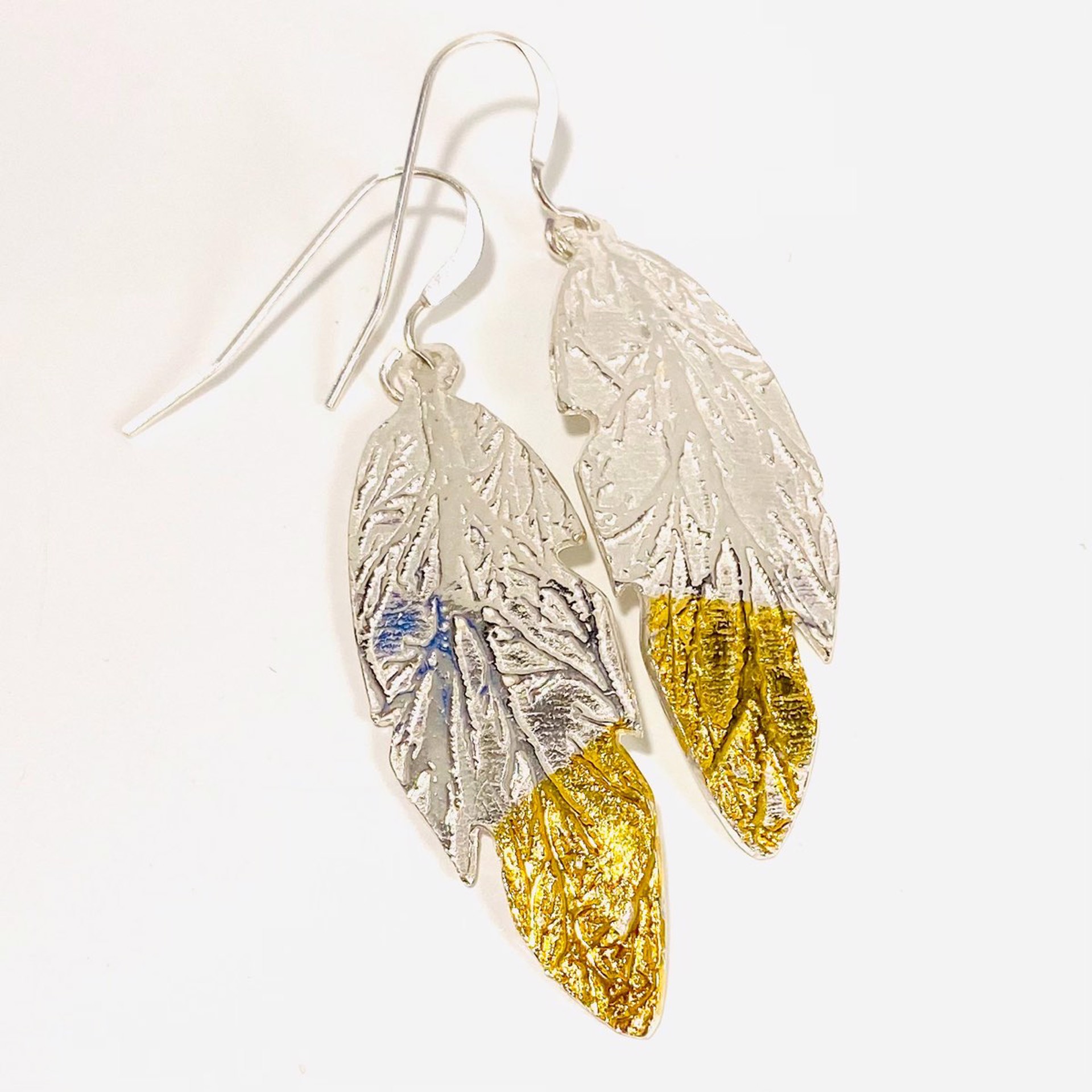 KH22-24 Keum-boo Fine Silver and Gold Large Feather Earrings by Karen Hakim