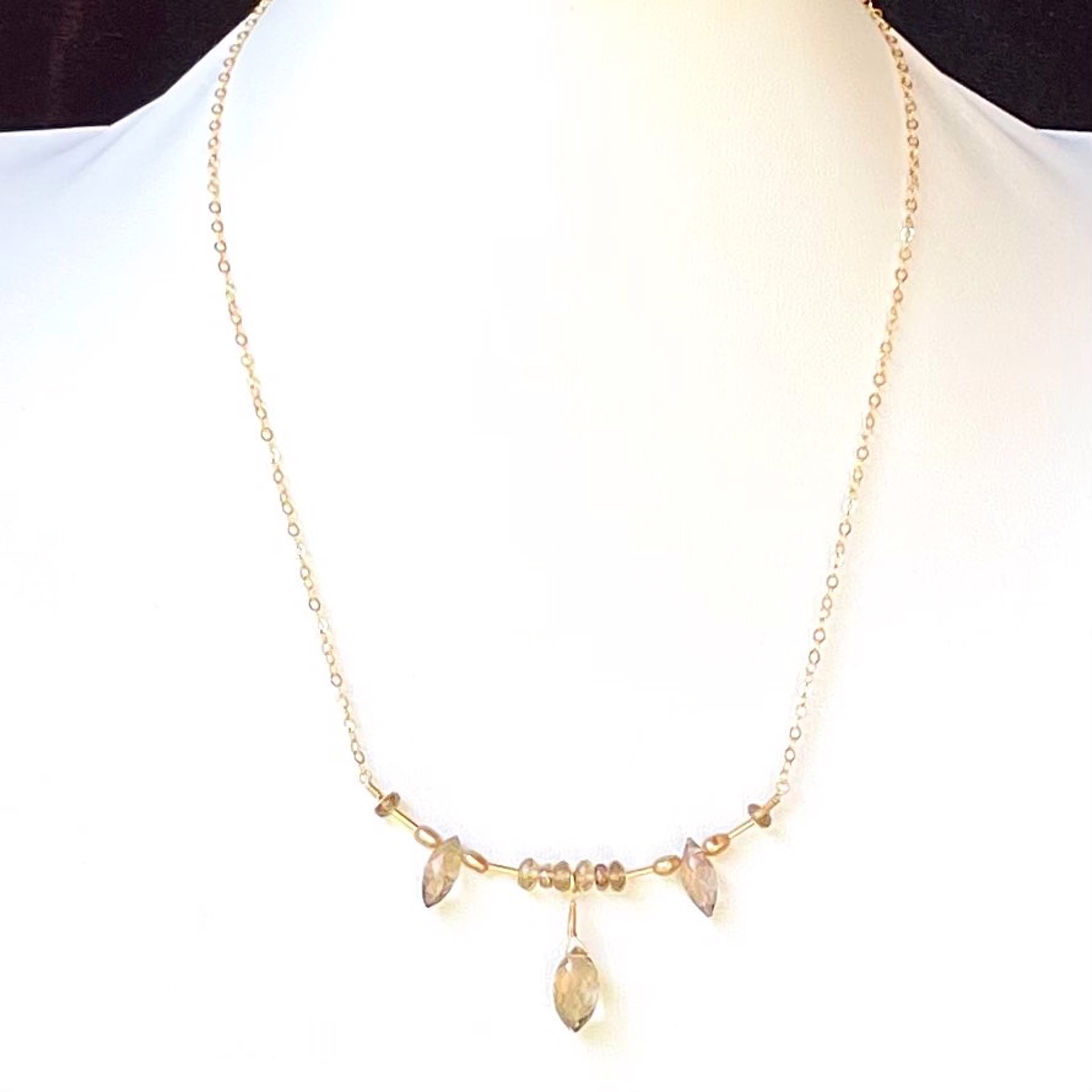 Golden Smoky Quartz, Zircon and Freshwater Pearl Curved Bar Necklace by Lisa Kelley