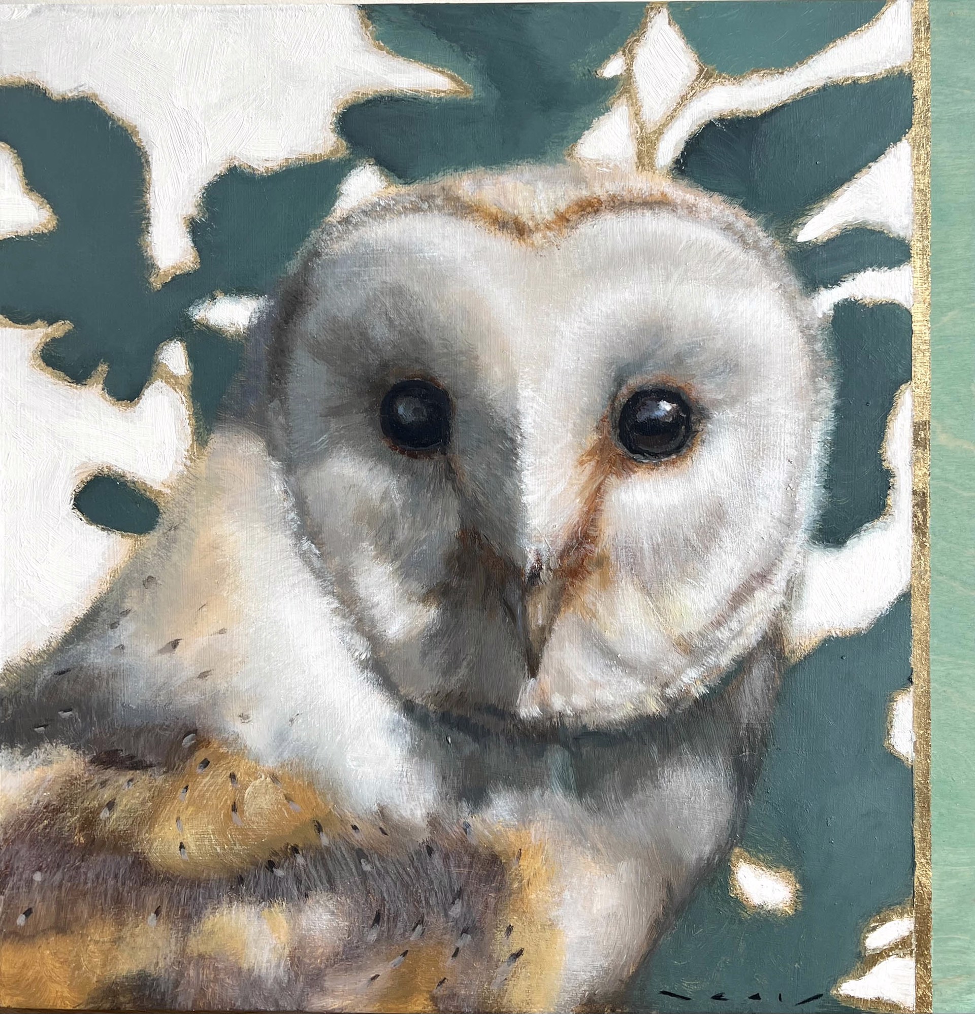 Original Mixed Media Painting By Nealy Riley Featuring A Barn Owl On Abstract Background With Green Floral Motifs