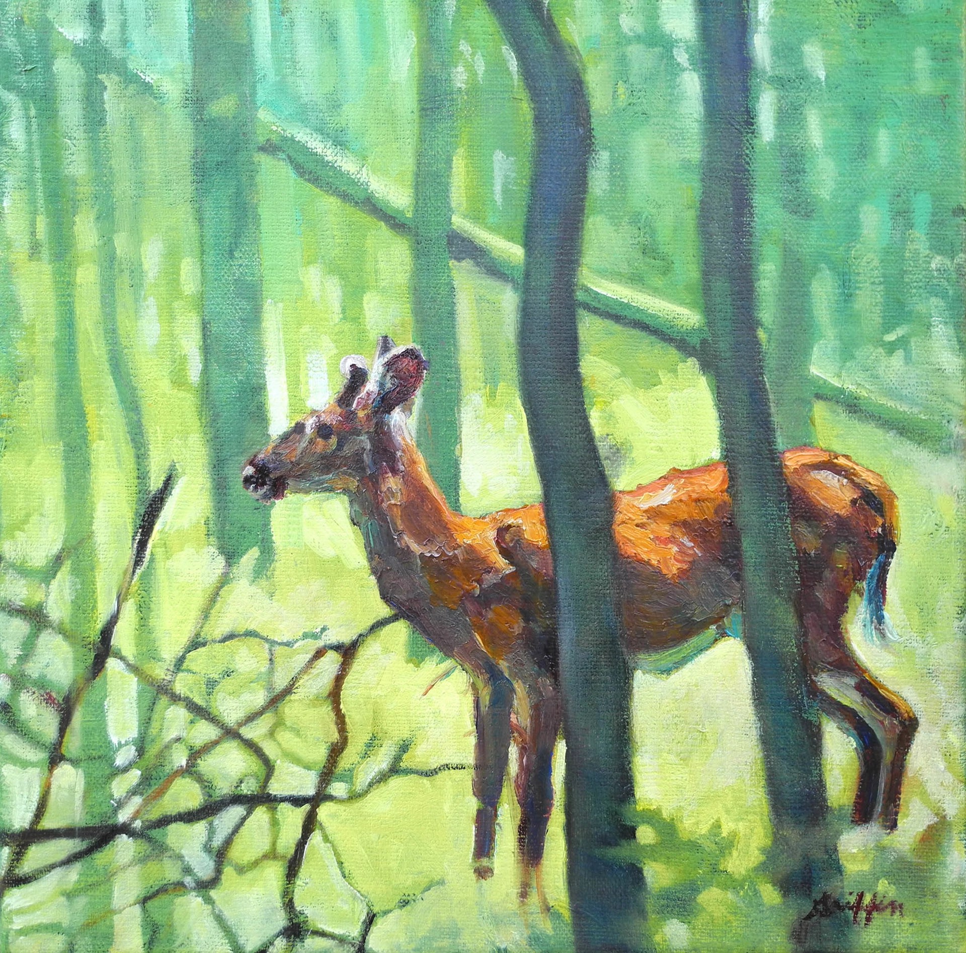 Original Oil Painting Featuring A Buck Seen Through The Trees 