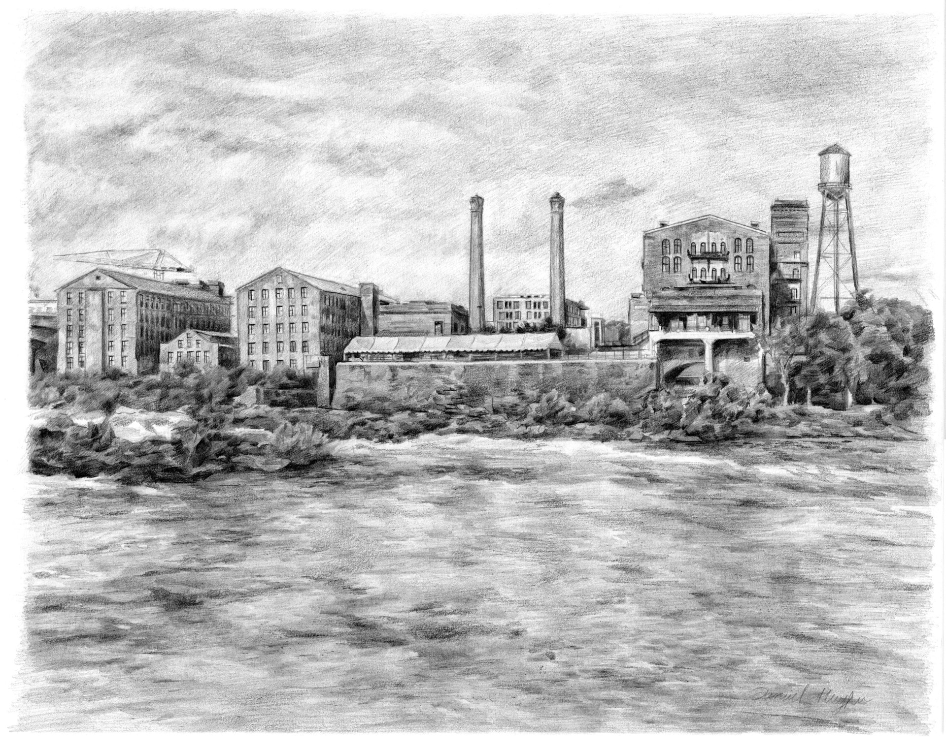 Columbus Riverwalk Sketch (B&W) by Daniel Hughes