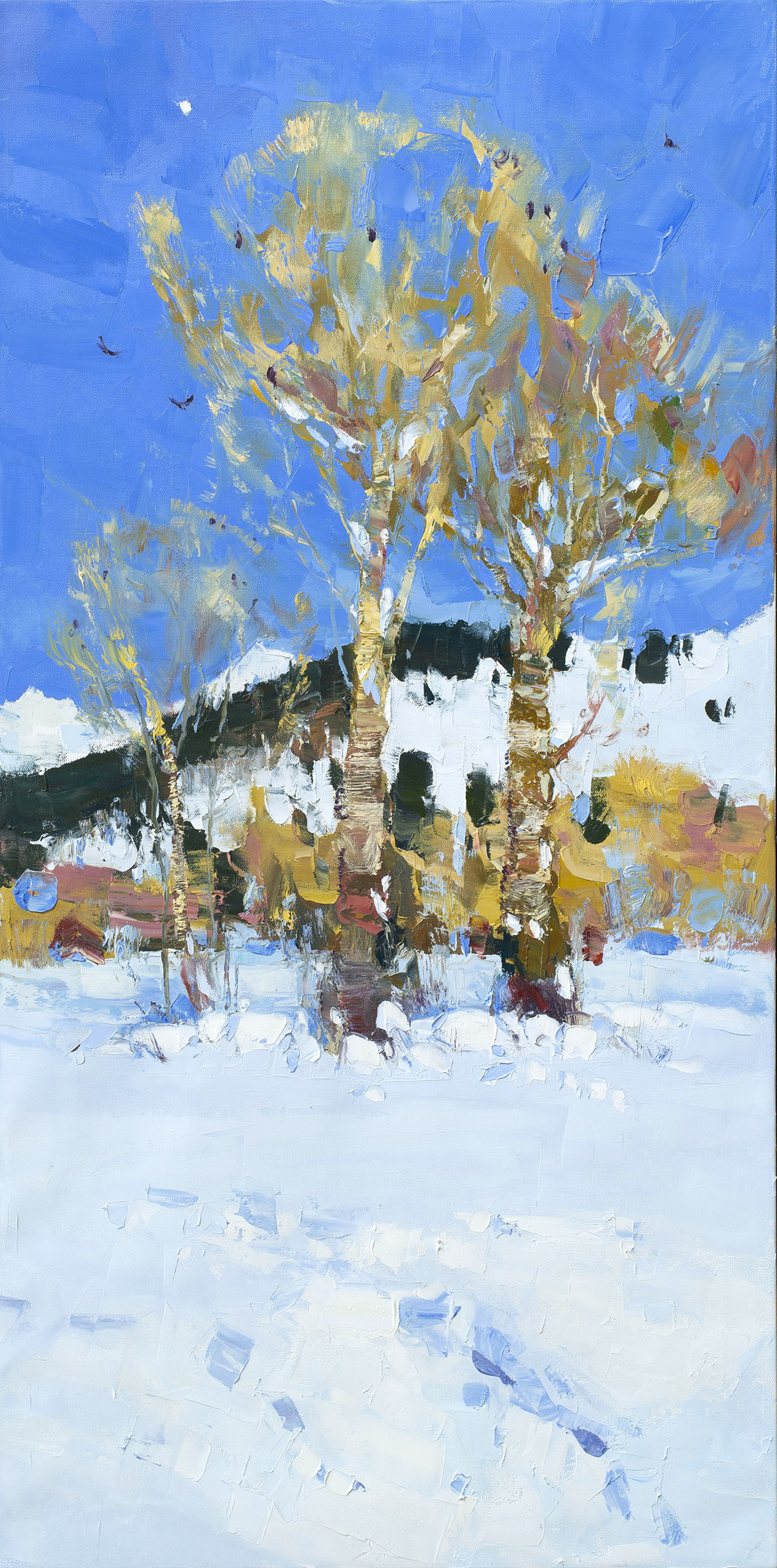 Original Oil Painting Featuring Snow Covered Landscape With Three Trees And Blue Sky