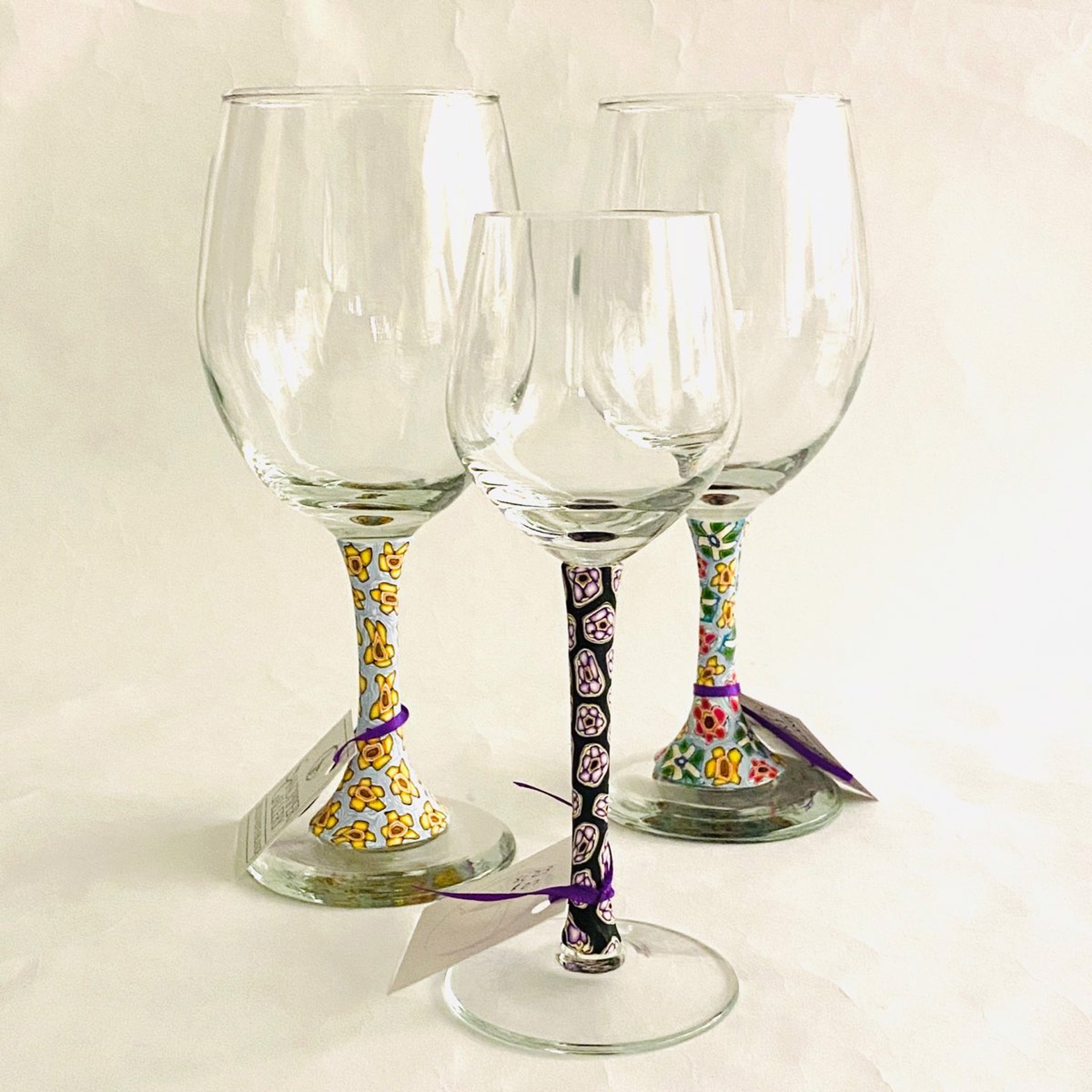 Millefiori Stem Wine and Water Glasses~Various by Samantha Long