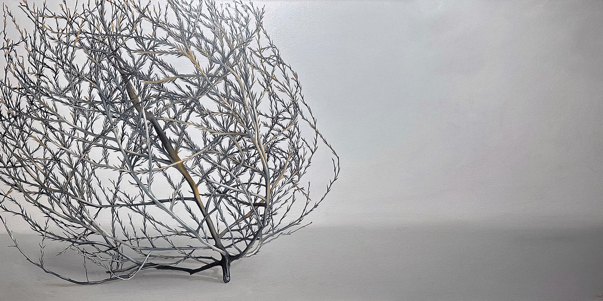 Original Oil Painting By Christy Stallop Featuring A Tumbleweed On Gray Background
