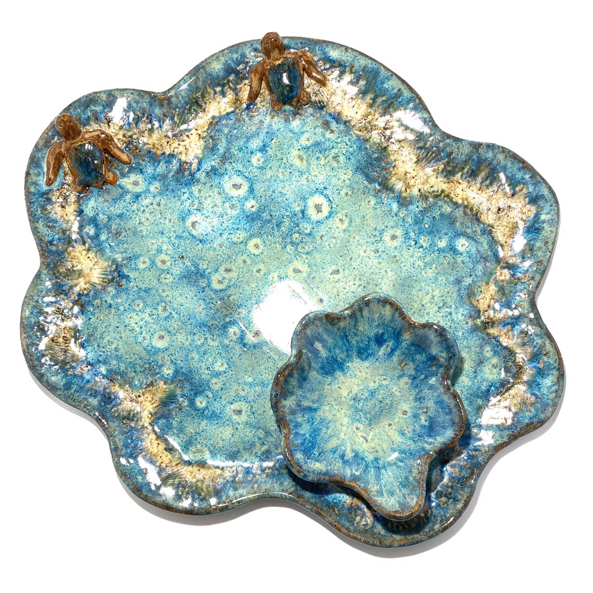 Chip and Dip with Two Turtles (Blue Glaze) LG23-1111 by Jim & Steffi Logan