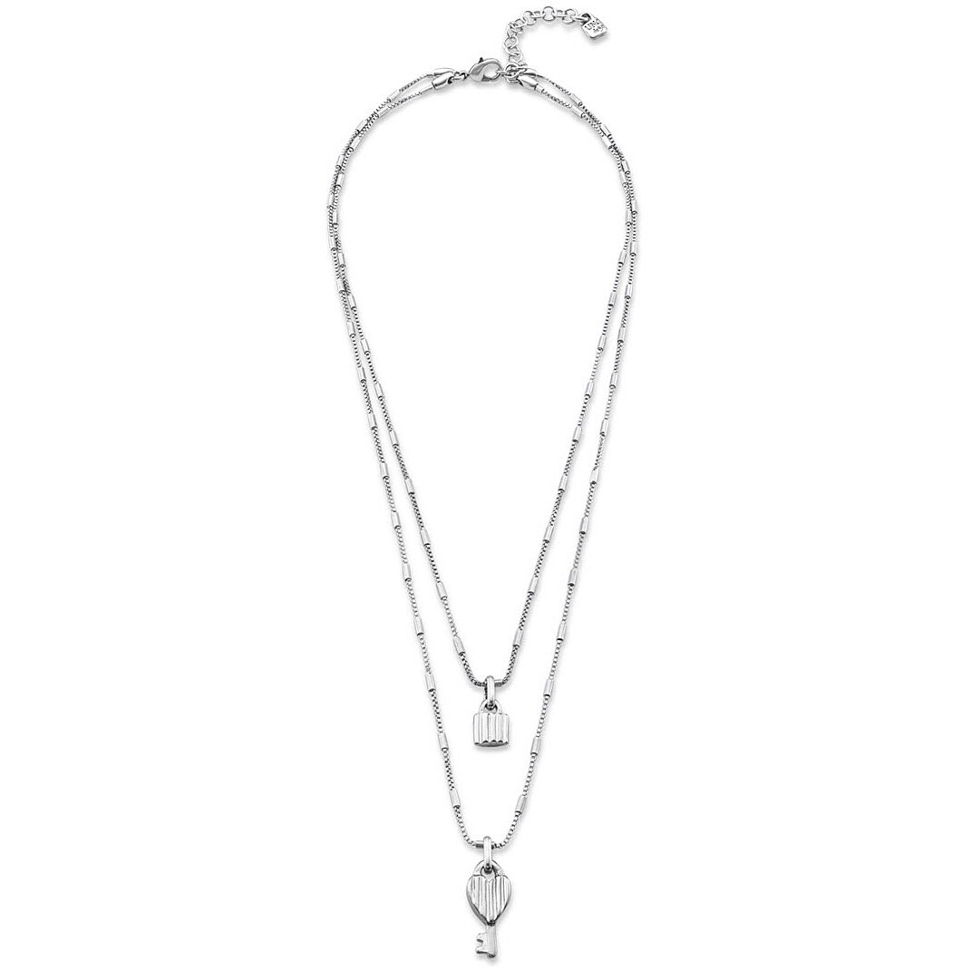 9445 Long Double Layered Silver Necklace with Lock and Key by UNO DE 50