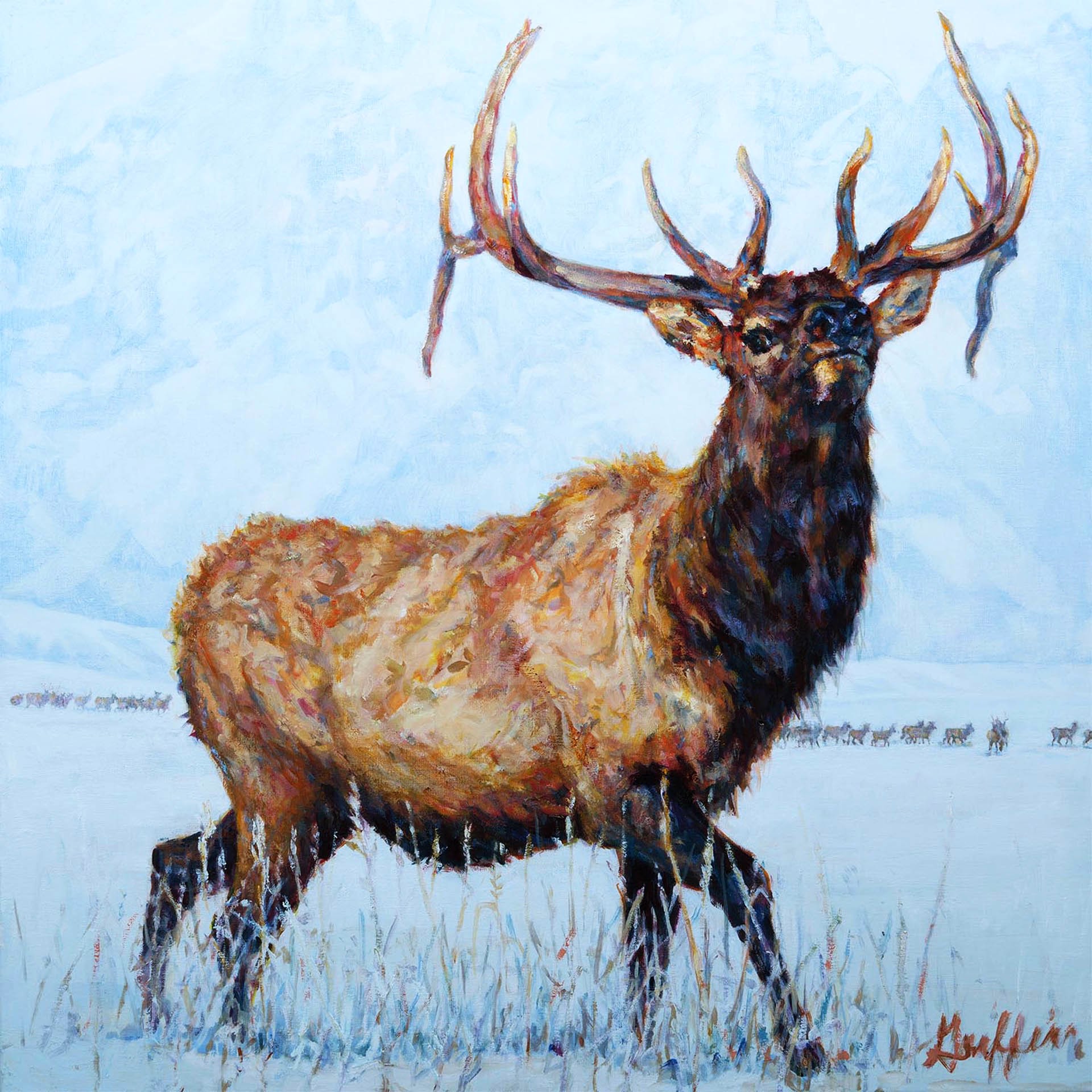 Original Oil Painting By Patricia Griffin Featuring A Bull Elk Walking Across Migration Field